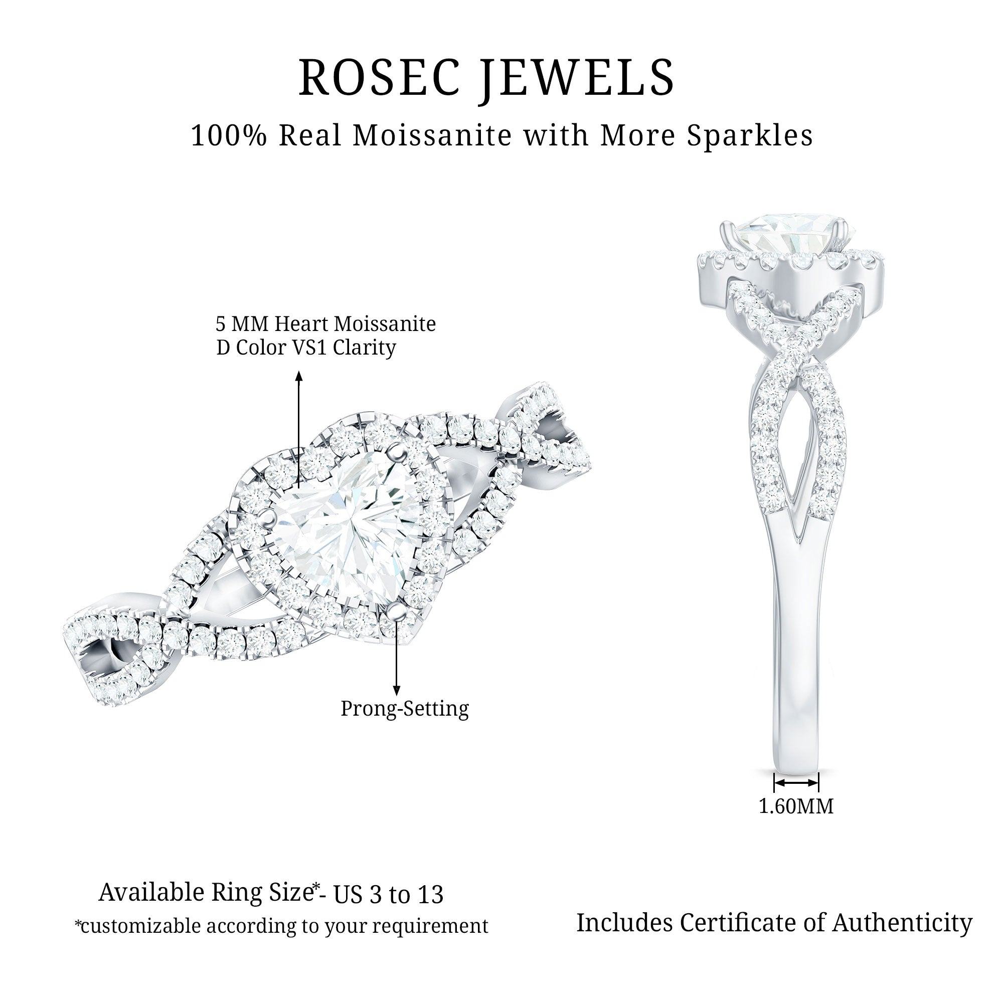 Heart Shape Moissanite Halo Engagement Ring with Infinity Band