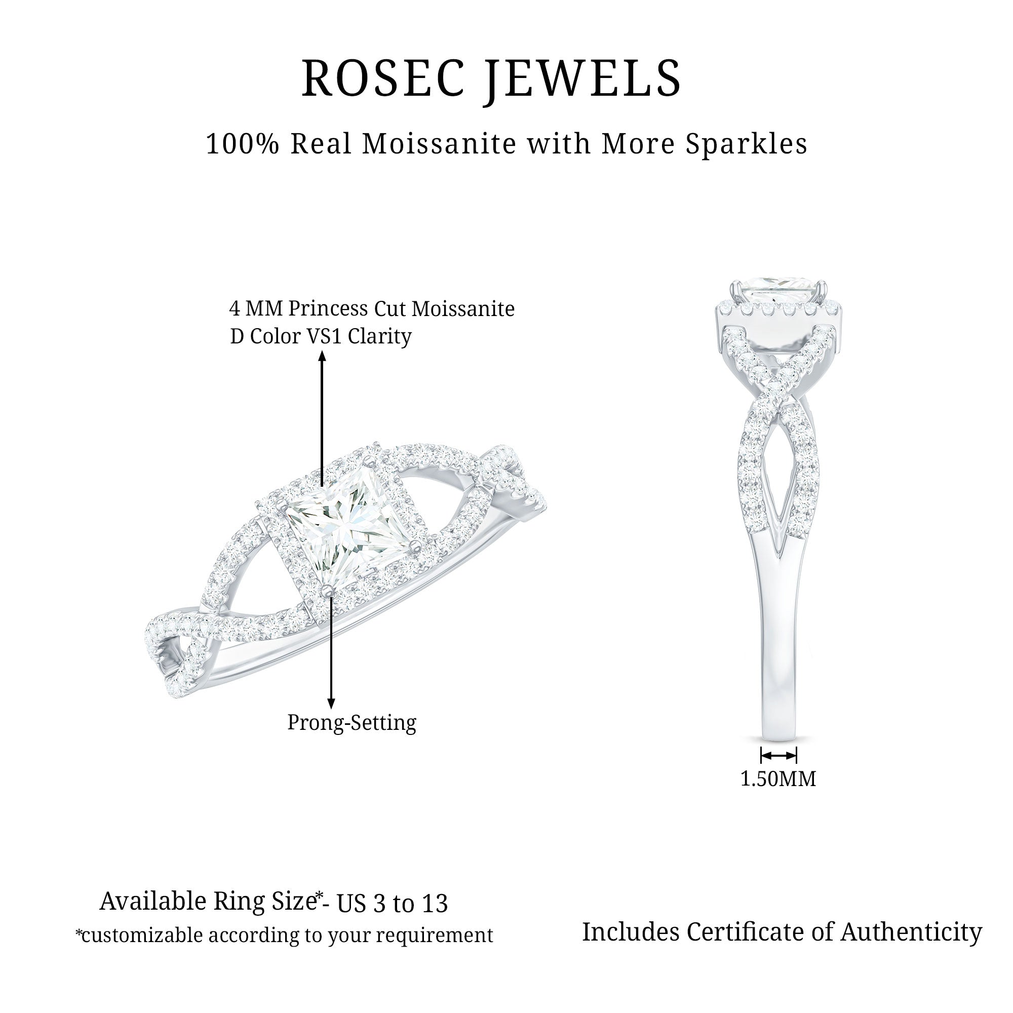 Moissanite 4mm Square Cut Engagement Ring with Crossover Shank