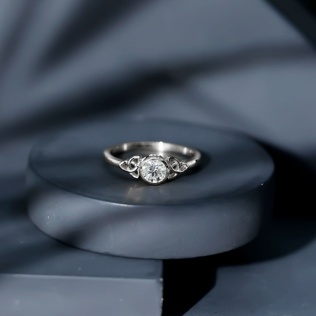 Bezel Set Moissanite Promise Ring with Celtic Knot Details