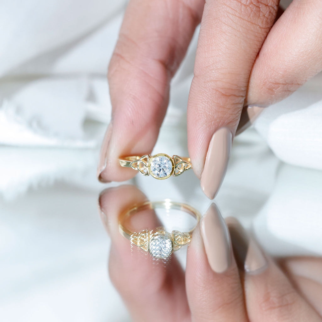 Bezel Set Moissanite Promise Ring with Celtic Knot Details
