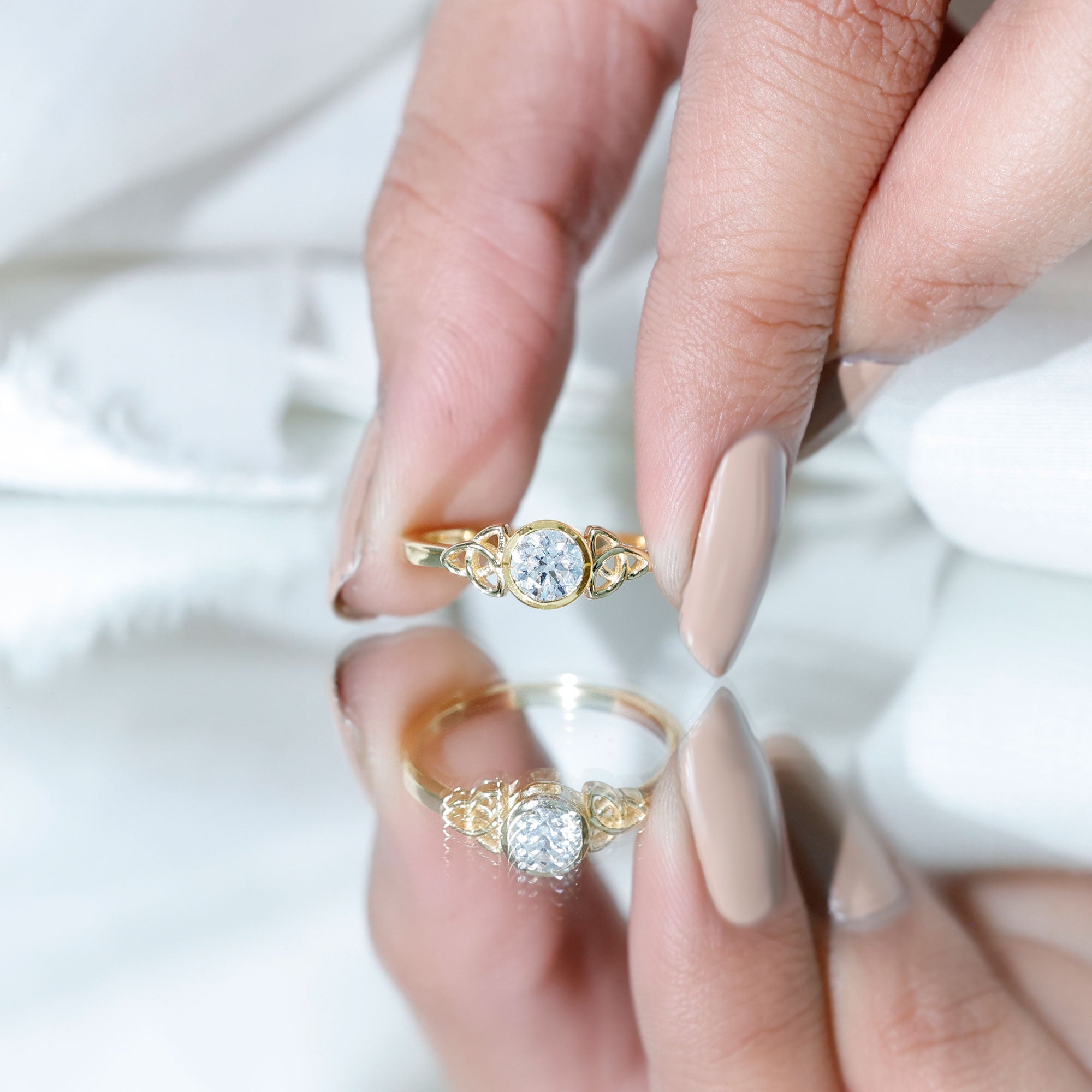 Bezel Set Moissanite Promise Ring with Celtic Knot Details