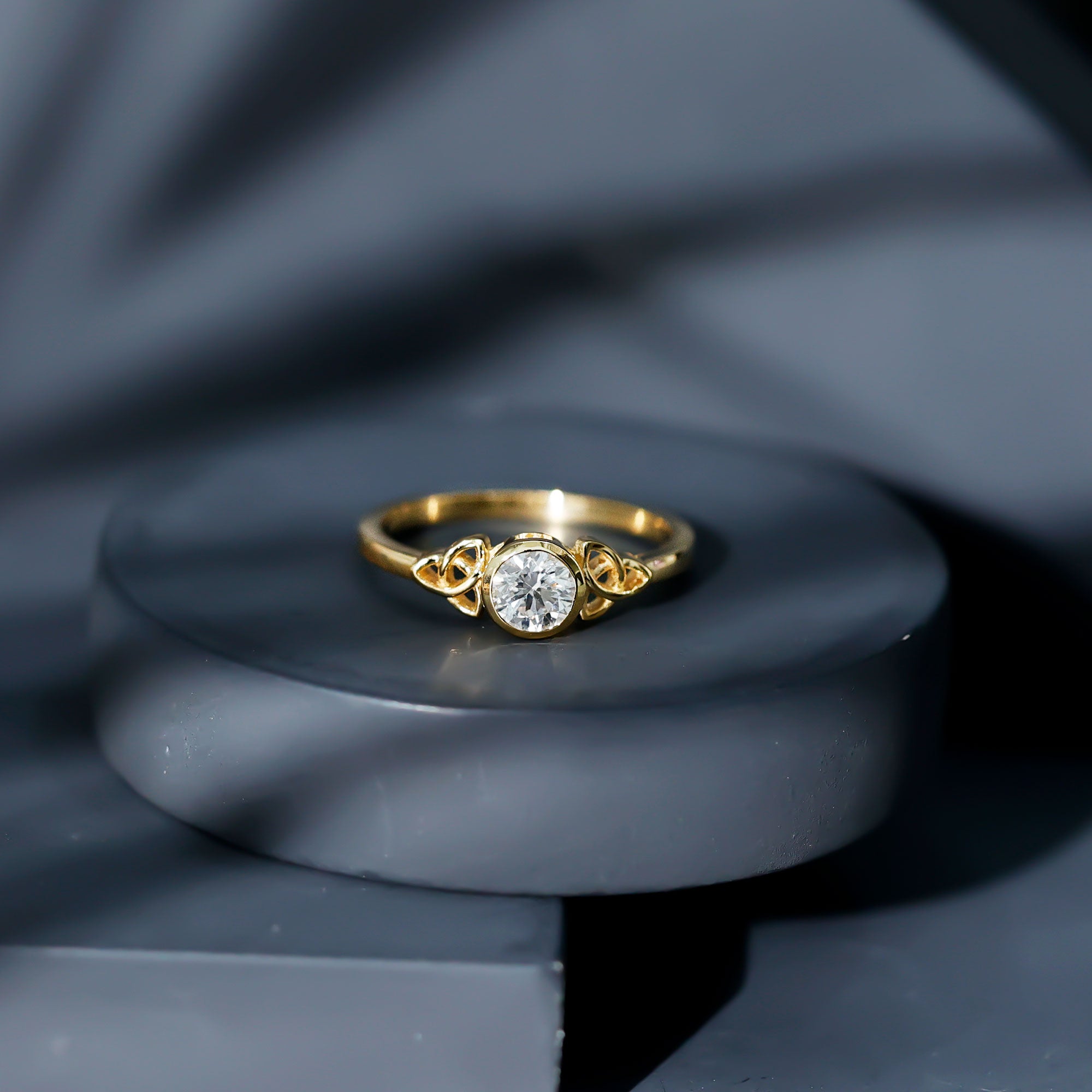 Bezel Set Moissanite Promise Ring with Celtic Knot Details