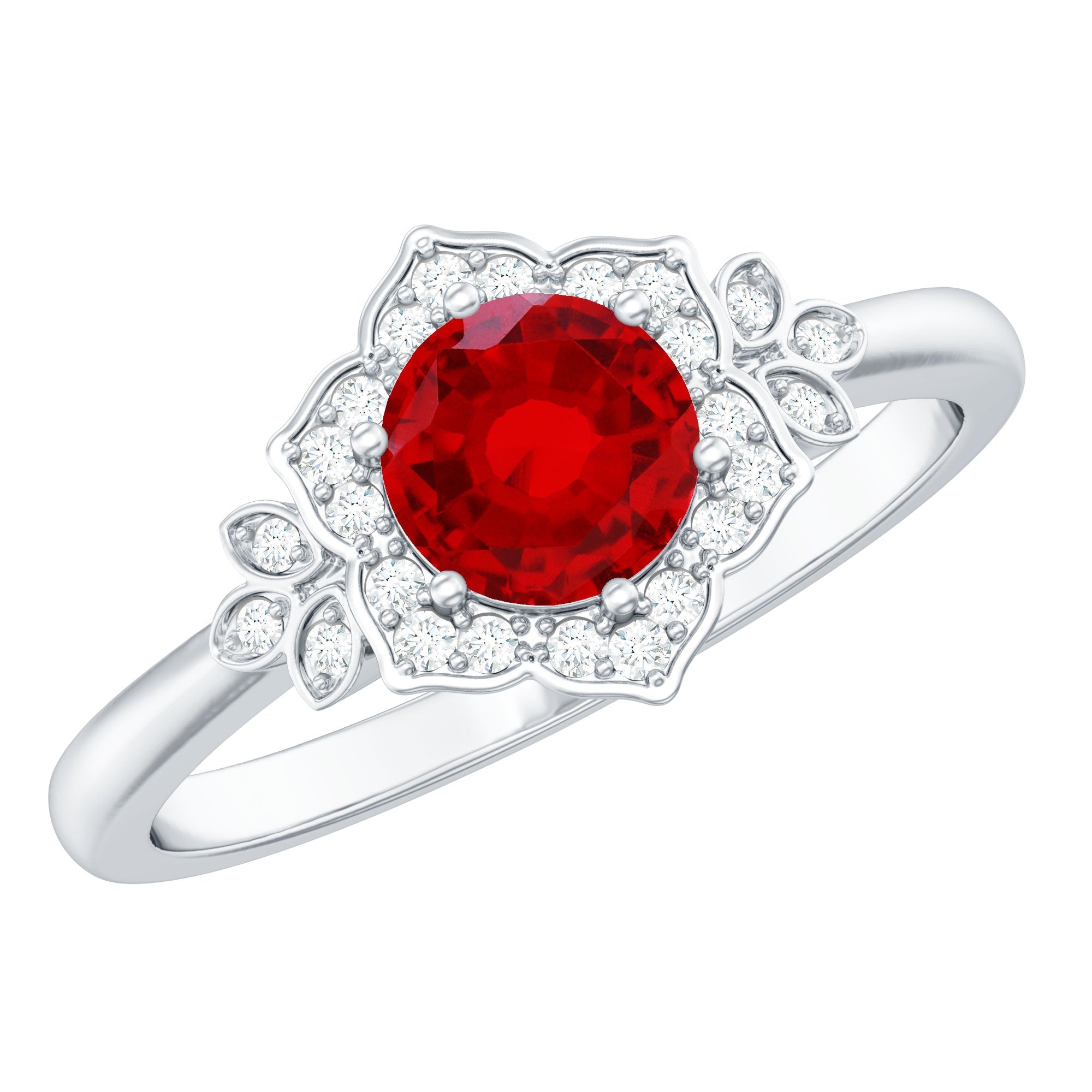 Lab Grown Ruby and Diamond Flower Engagement Ring