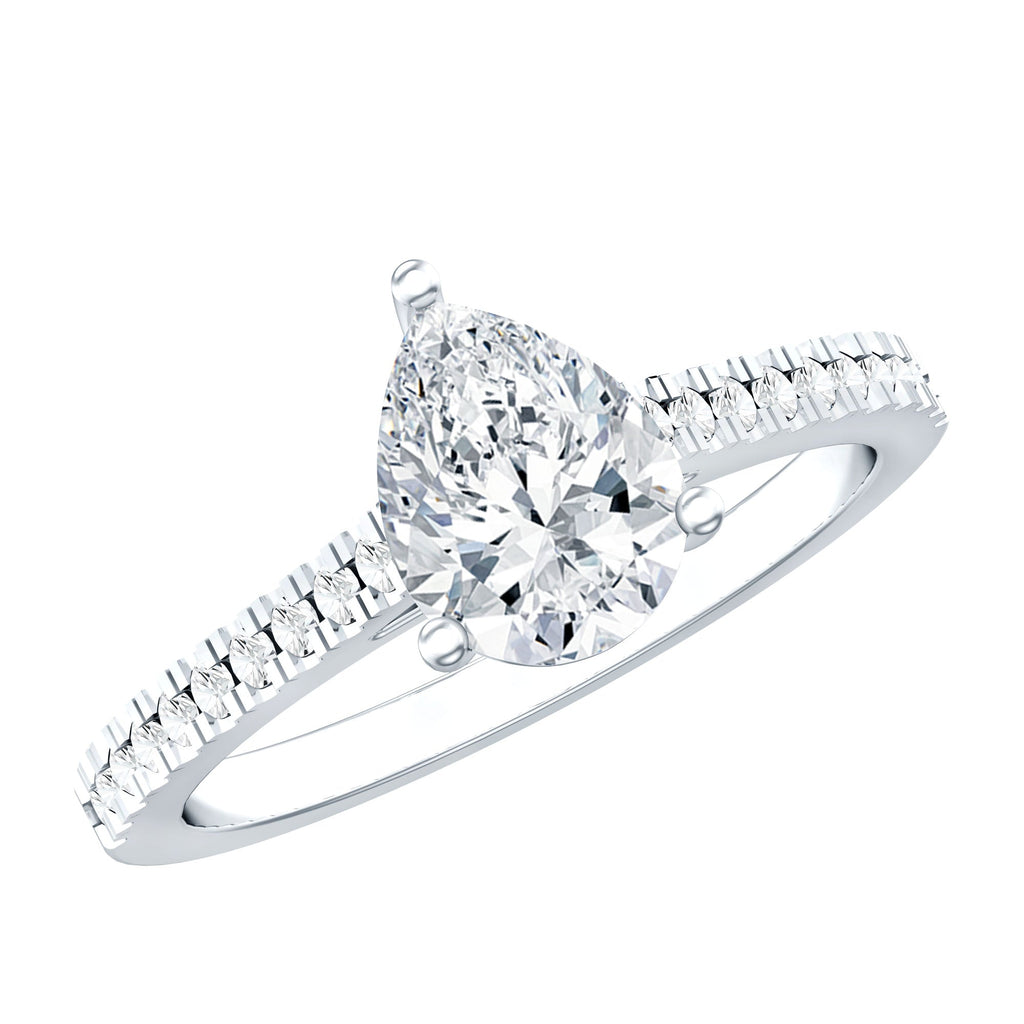 Certified Moissanite Pear Shape Engagement Ring with Side Stones