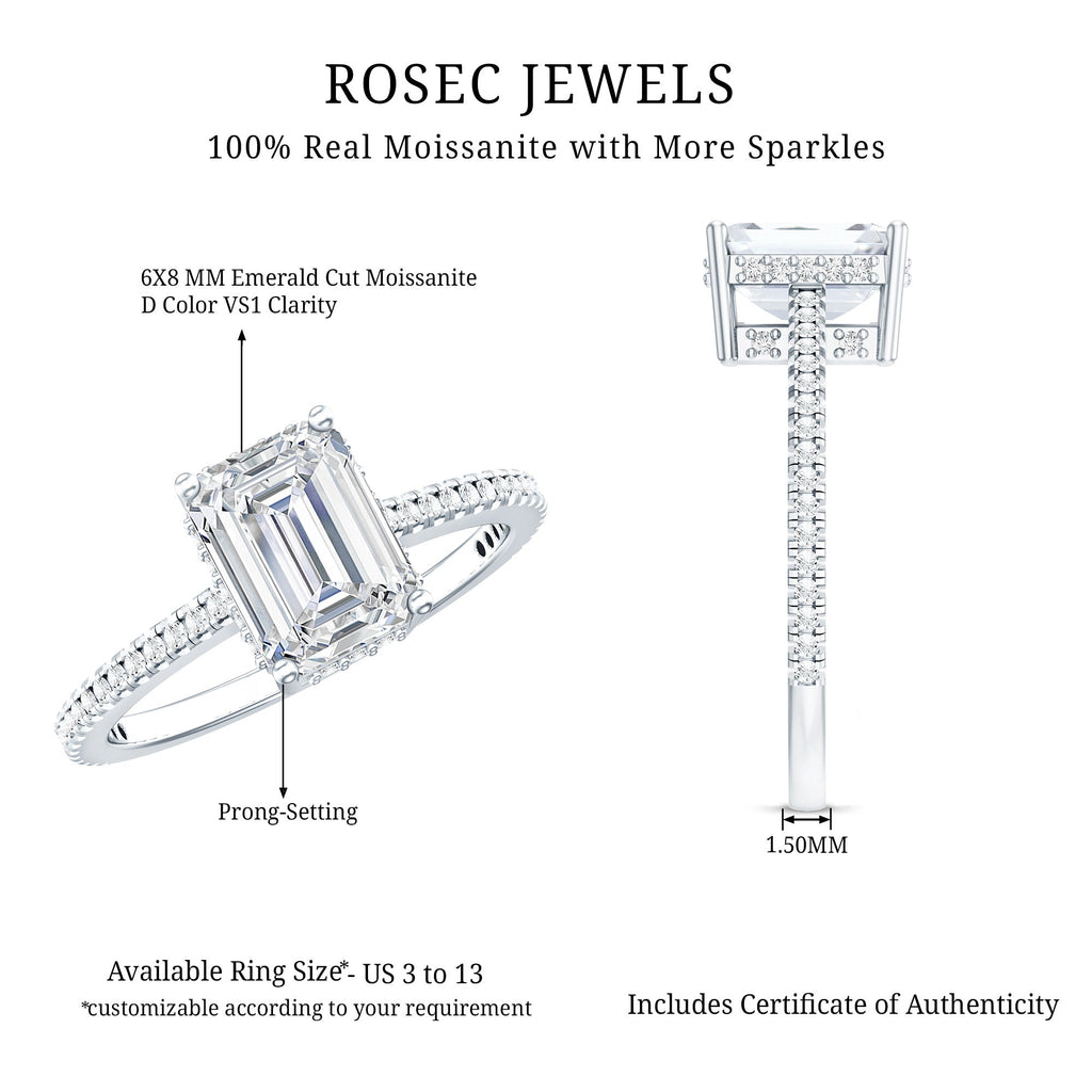 Certified 6X8 MM Moissanite Emerald Cut Engagement Ring