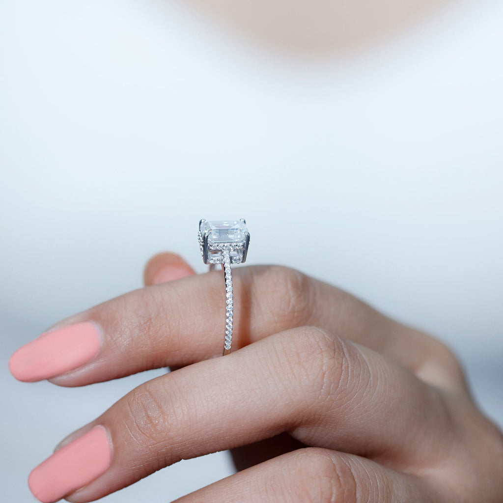 Certified 6X8 MM Moissanite Emerald Cut Engagement Ring