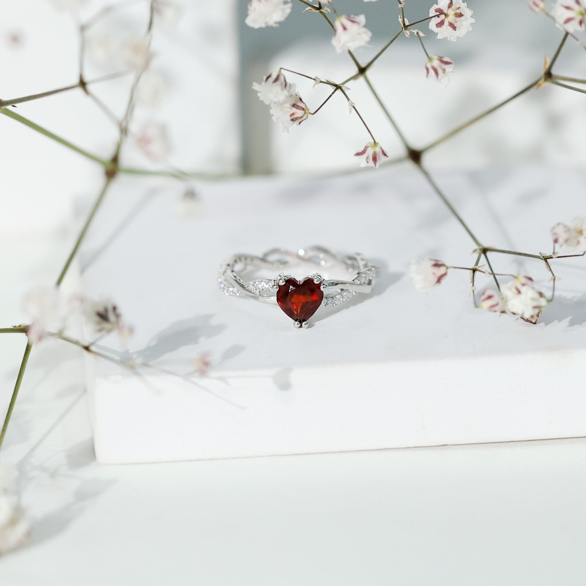 Real 1 Carat Garnet Heart Engagement Ring with Moissanite Braided Shank