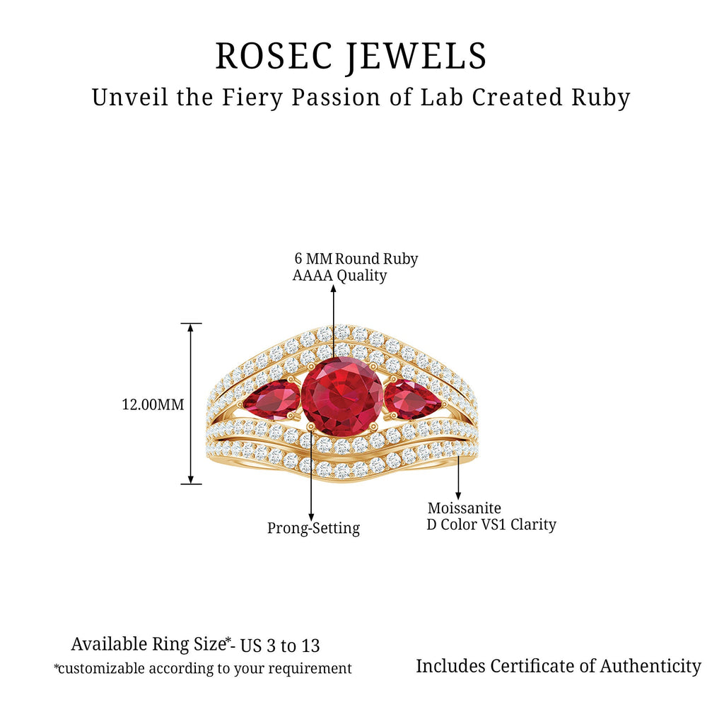 Created Ruby 3 Stone Engagement Ring With Moissanite