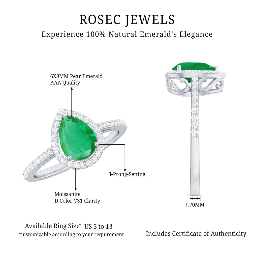 Certified Emerald Teardrop Engagement Ring with Moissanite Halo