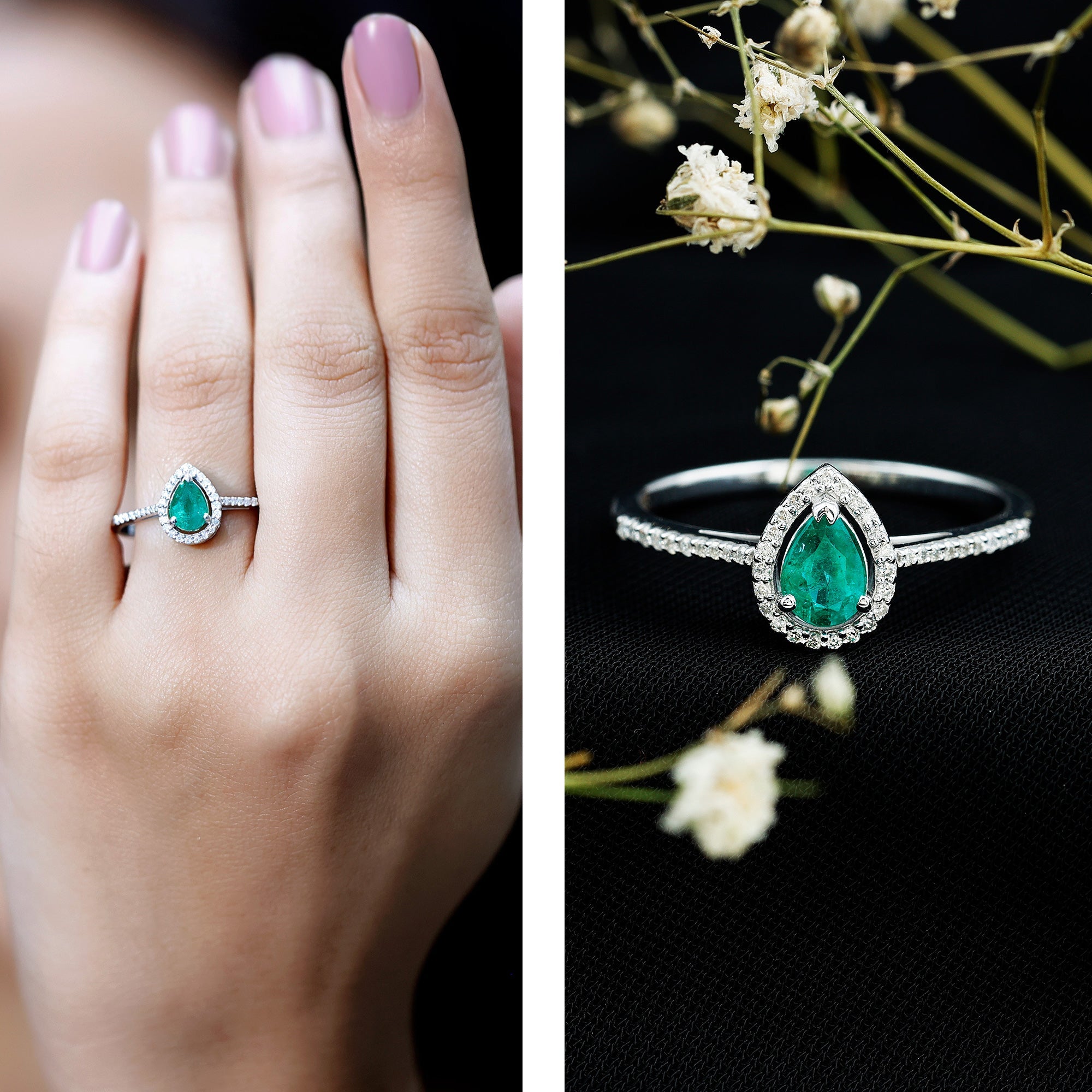 Certified Emerald Teardrop Engagement Ring with Moissanite Halo