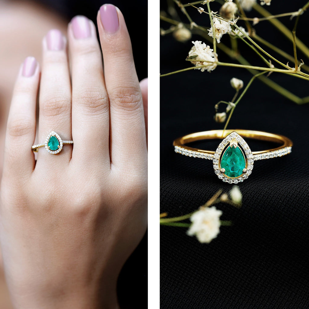 Certified Emerald Teardrop Engagement Ring with Moissanite Halo