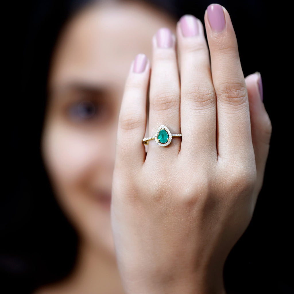 Certified Emerald Teardrop Engagement Ring with Moissanite Halo