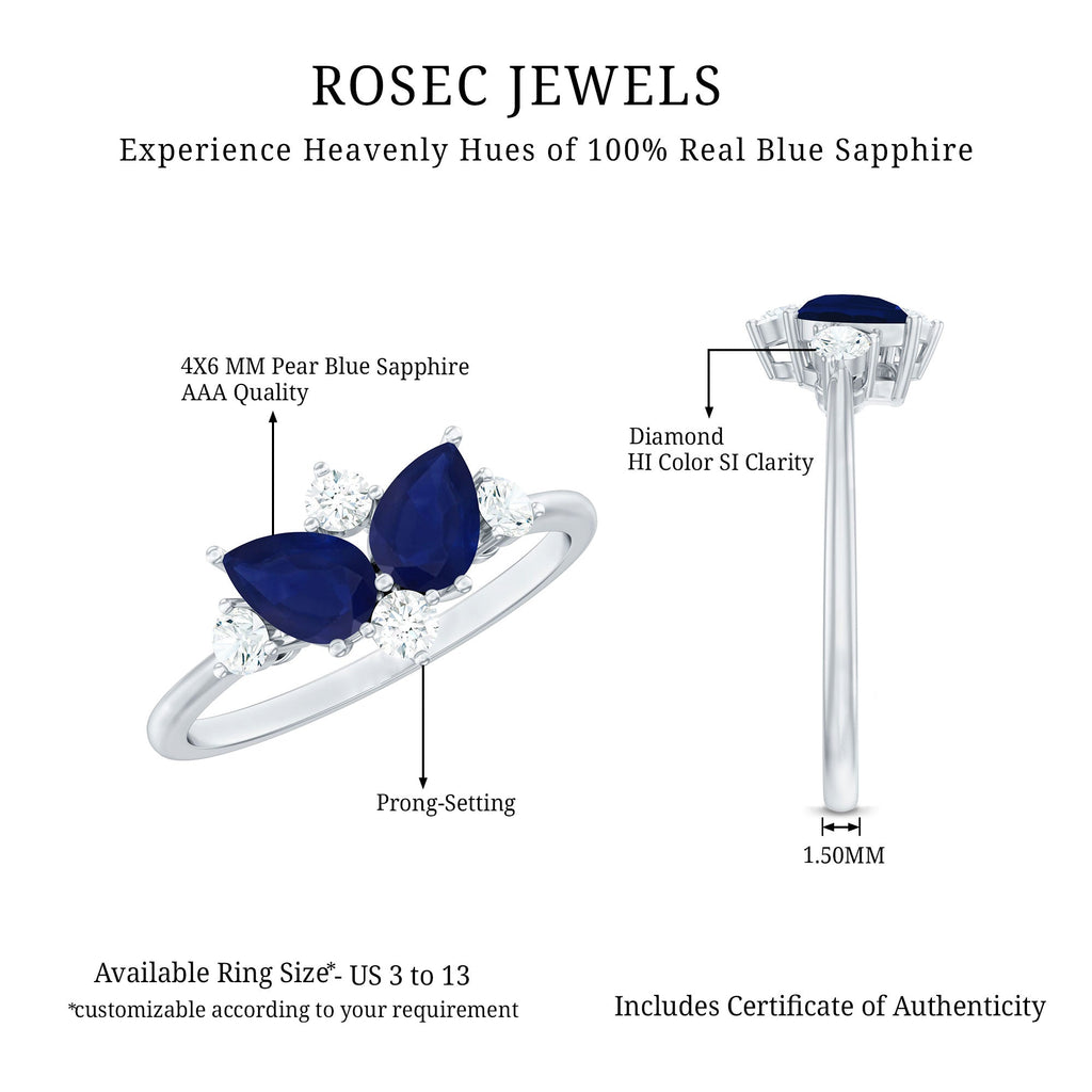 Pear Shape Blue Sapphire and Diamond Cluster Promise Ring