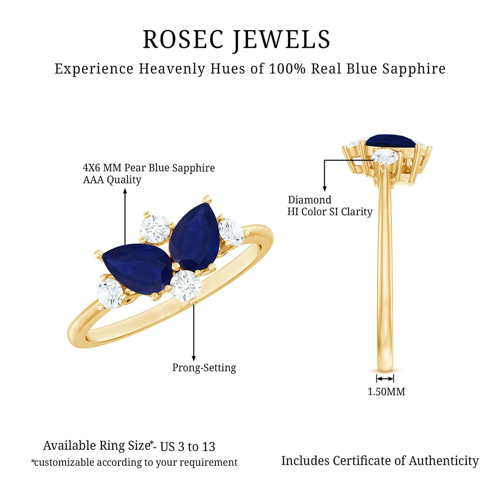 Pear Shape Blue Sapphire and Diamond Cluster Promise Ring