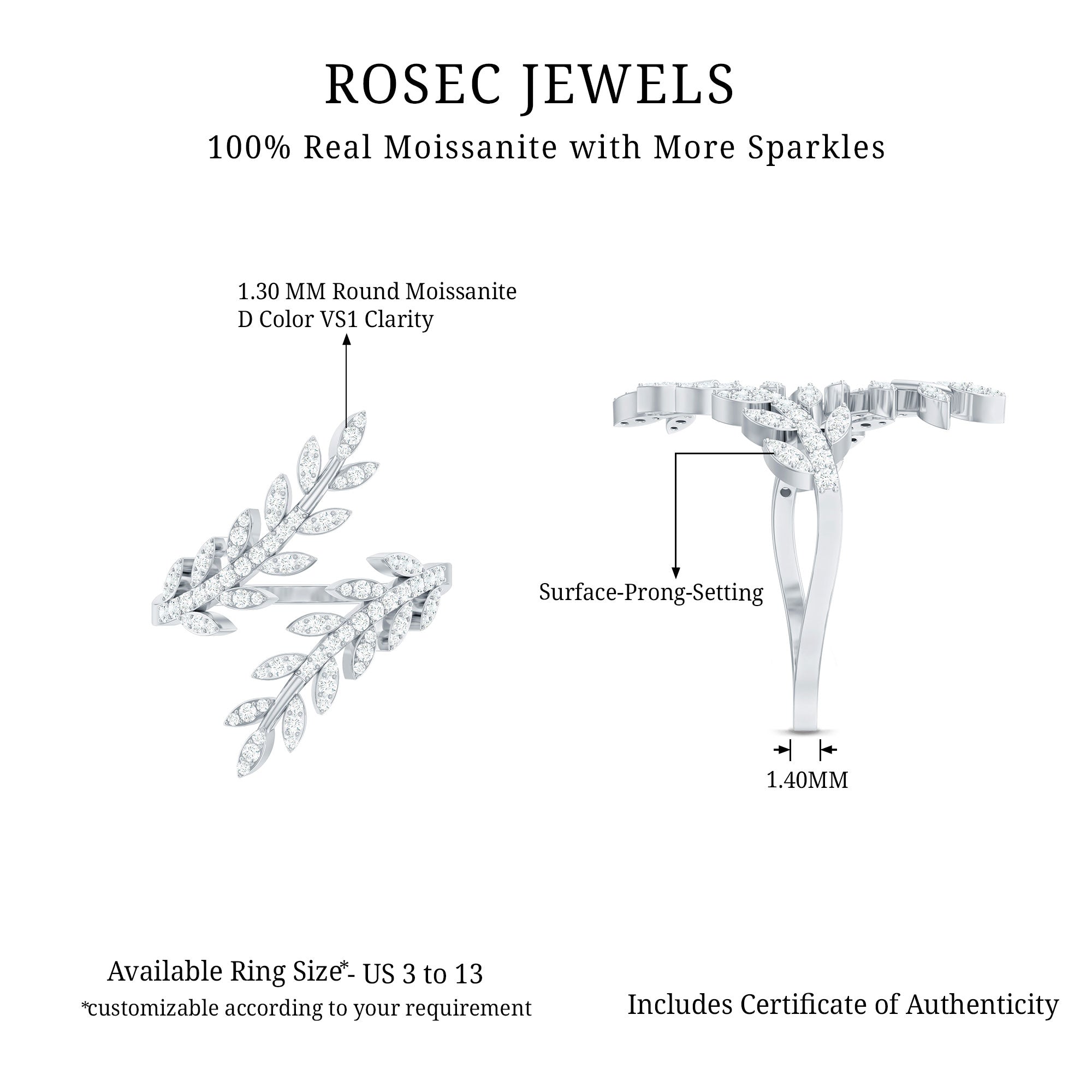 Certified Moissanite Leaf Wrap Ring for Women