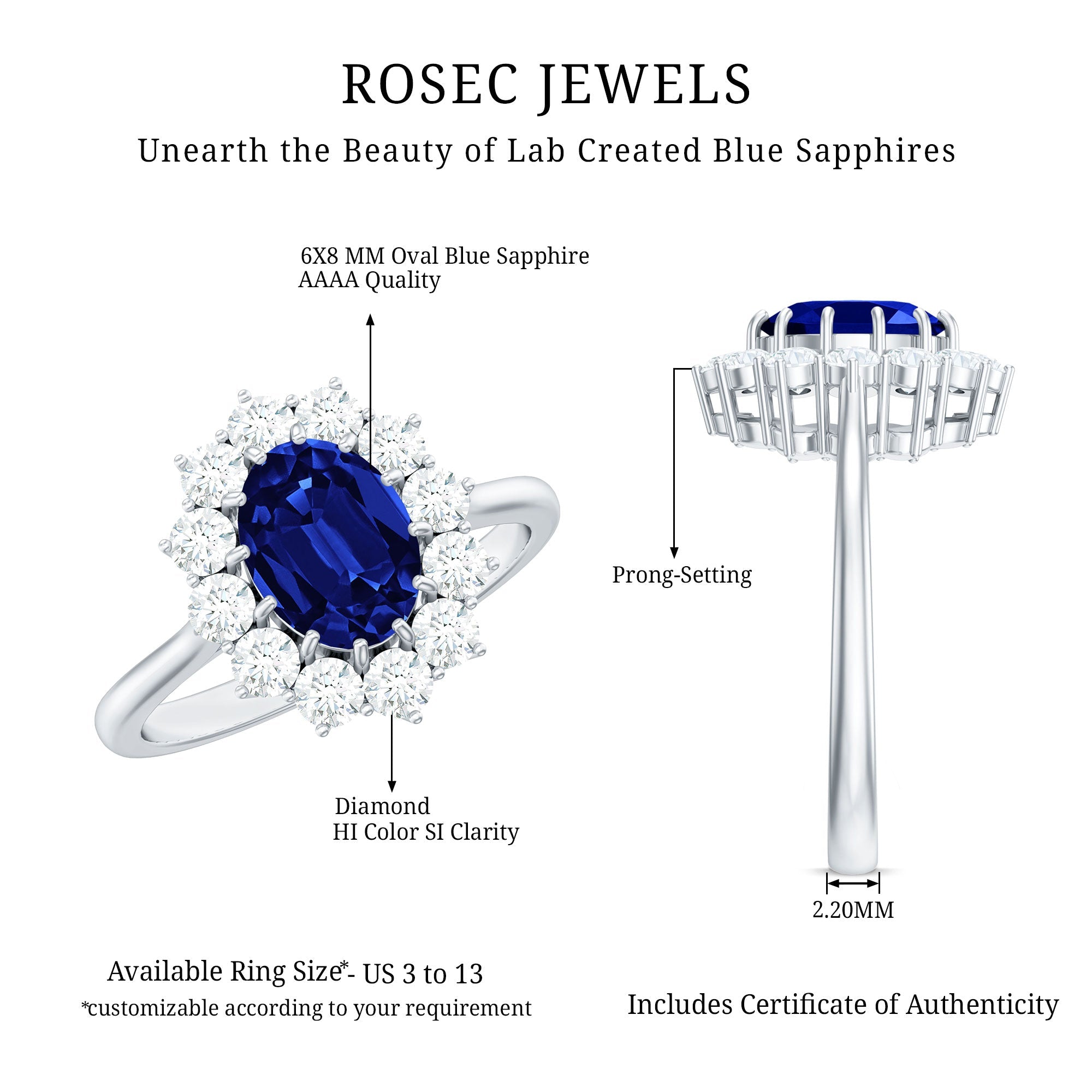 Certified 1 Carat Oval Lab Grown Blue Sapphire Statement Engagement Ring with Diamond