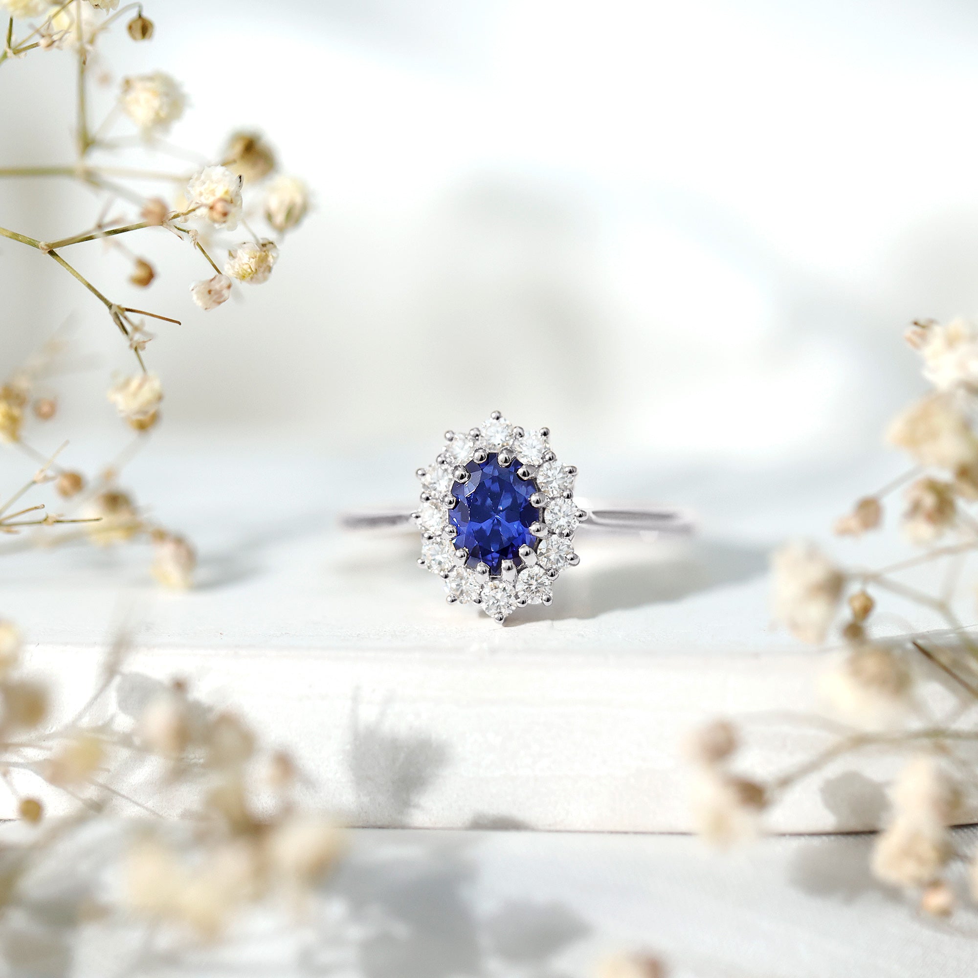 Certified 1 Carat Oval Lab Grown Blue Sapphire Statement Engagement Ring with Diamond