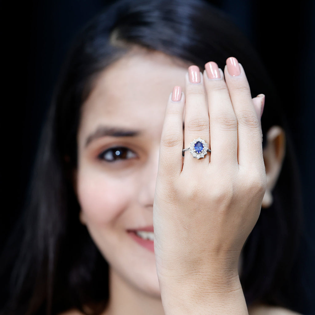 Certified 1 Carat Oval Lab Grown Blue Sapphire Statement Engagement Ring with Diamond