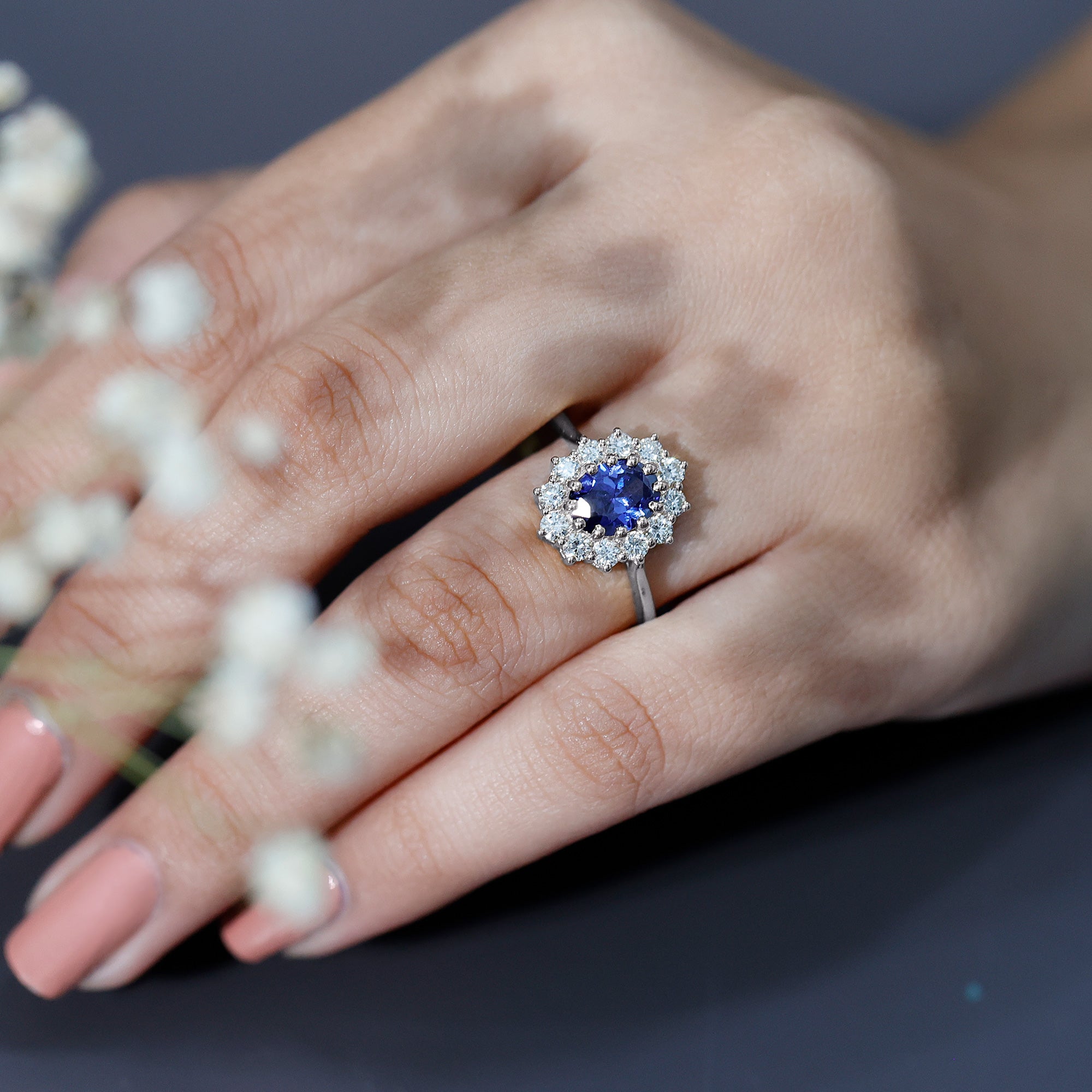 Certified 1 Carat Oval Lab Grown Blue Sapphire Statement Engagement Ring with Diamond