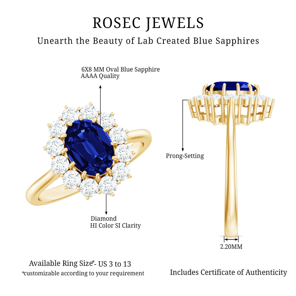 Certified 1 Carat Oval Lab Grown Blue Sapphire Statement Engagement Ring with Diamond