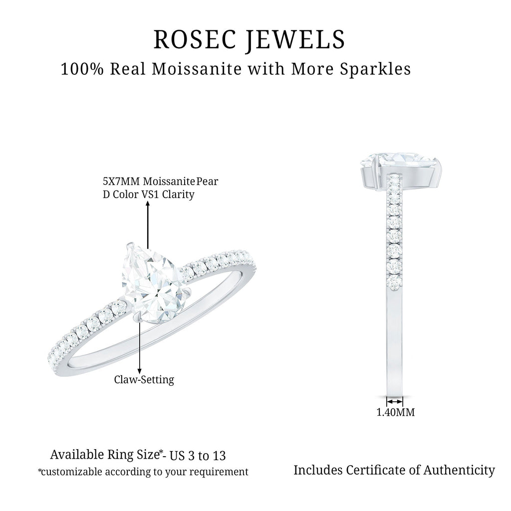 Pear Cut Moissanite Solitaire Ring with Side Stones