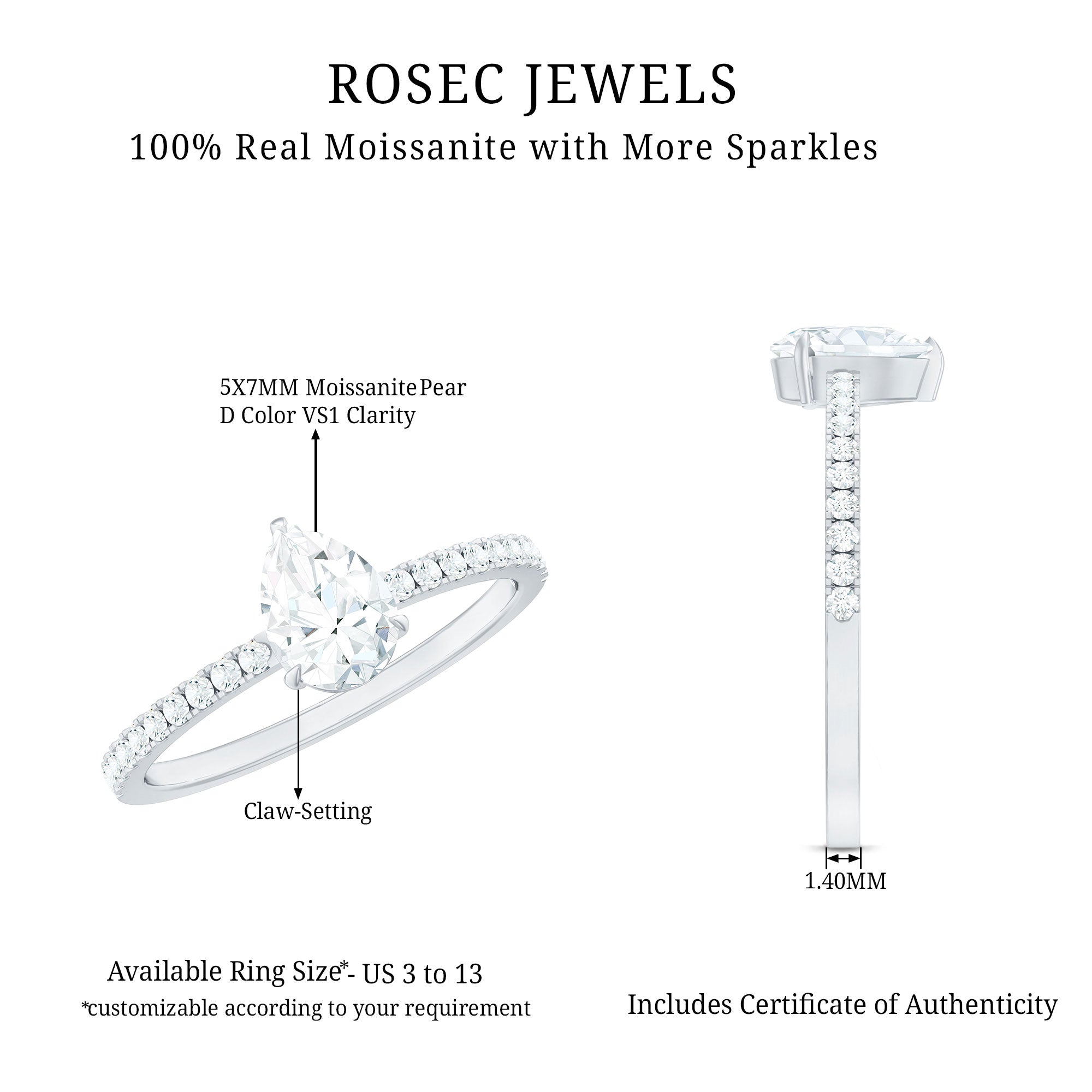 Pear Cut Moissanite Solitaire Ring with Side Stones