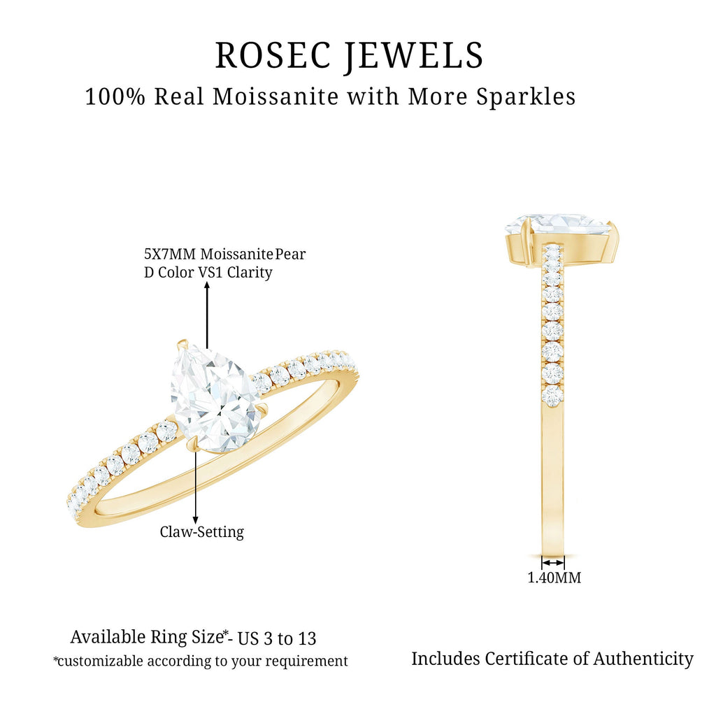 Pear Cut Moissanite Solitaire Ring with Side Stones