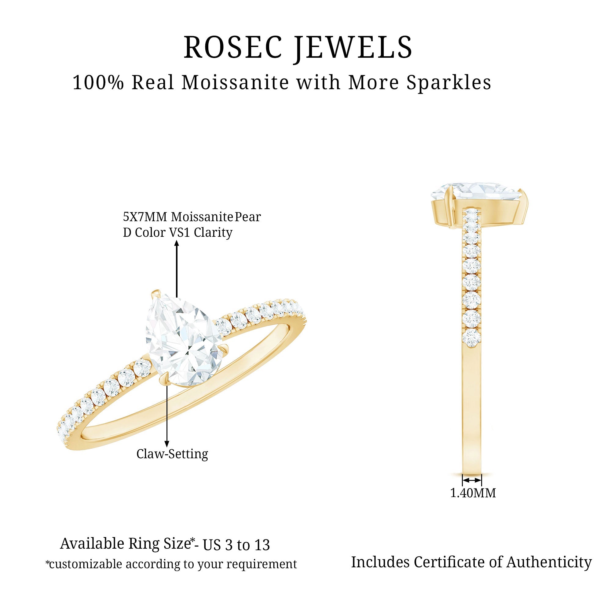 Pear Cut Moissanite Solitaire Ring with Side Stones