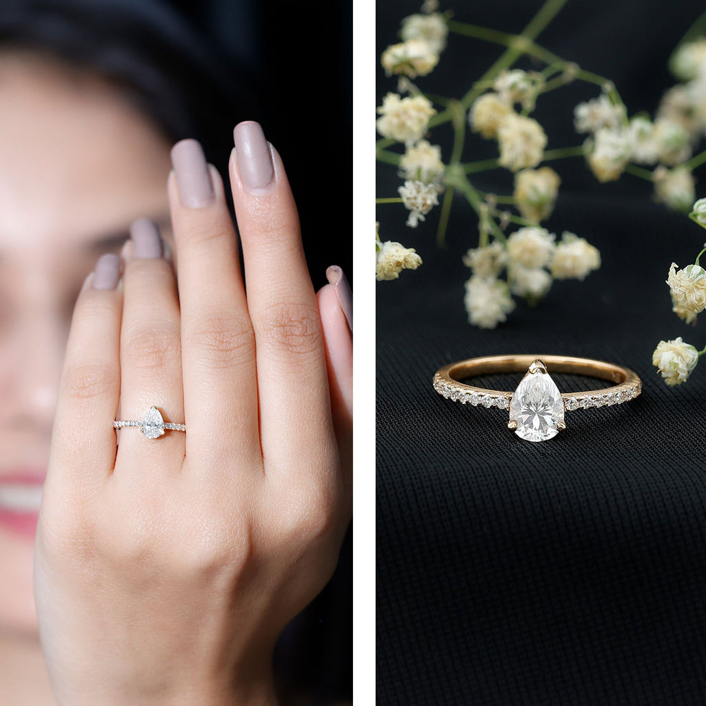 Pear Cut Moissanite Solitaire Ring with Side Stones