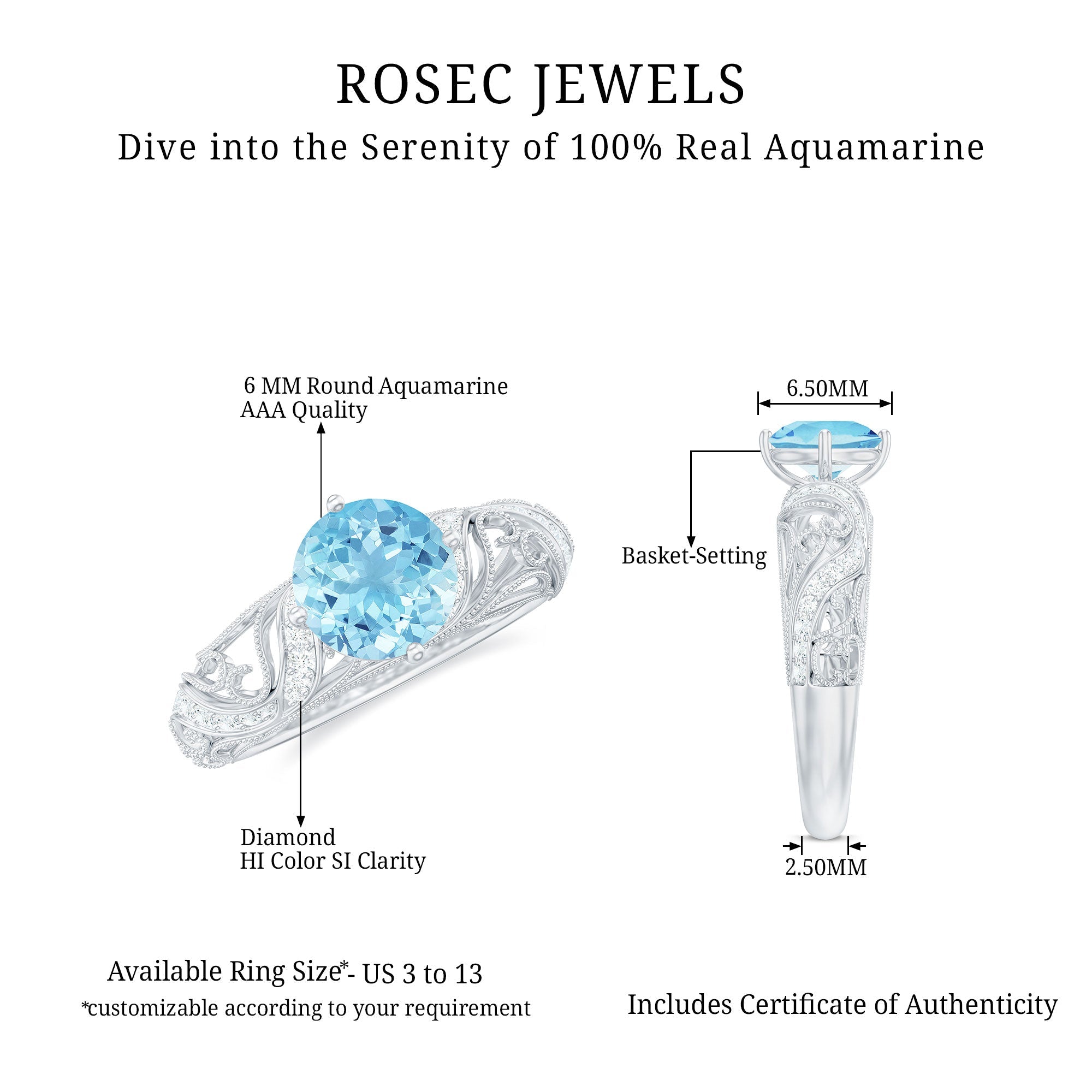 1 CT Vintage Style Aquamarine and Diamond Engagement Ring