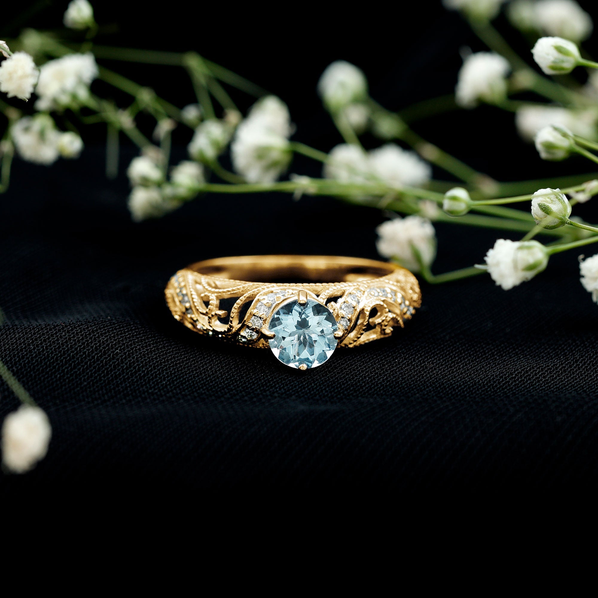 1 CT Vintage Style Aquamarine and Diamond Engagement Ring