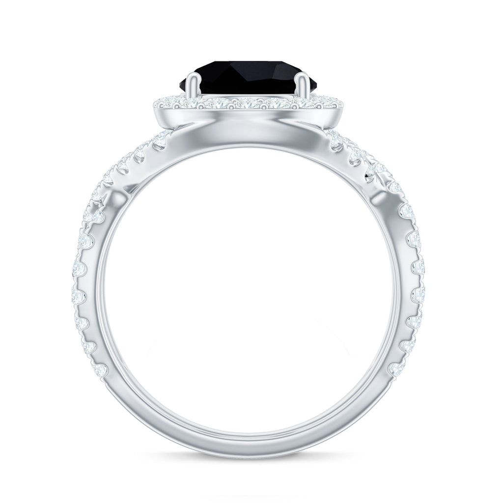 Certified 8 MM Black Onyx Crossover Engagement Ring with Moissanite Halo