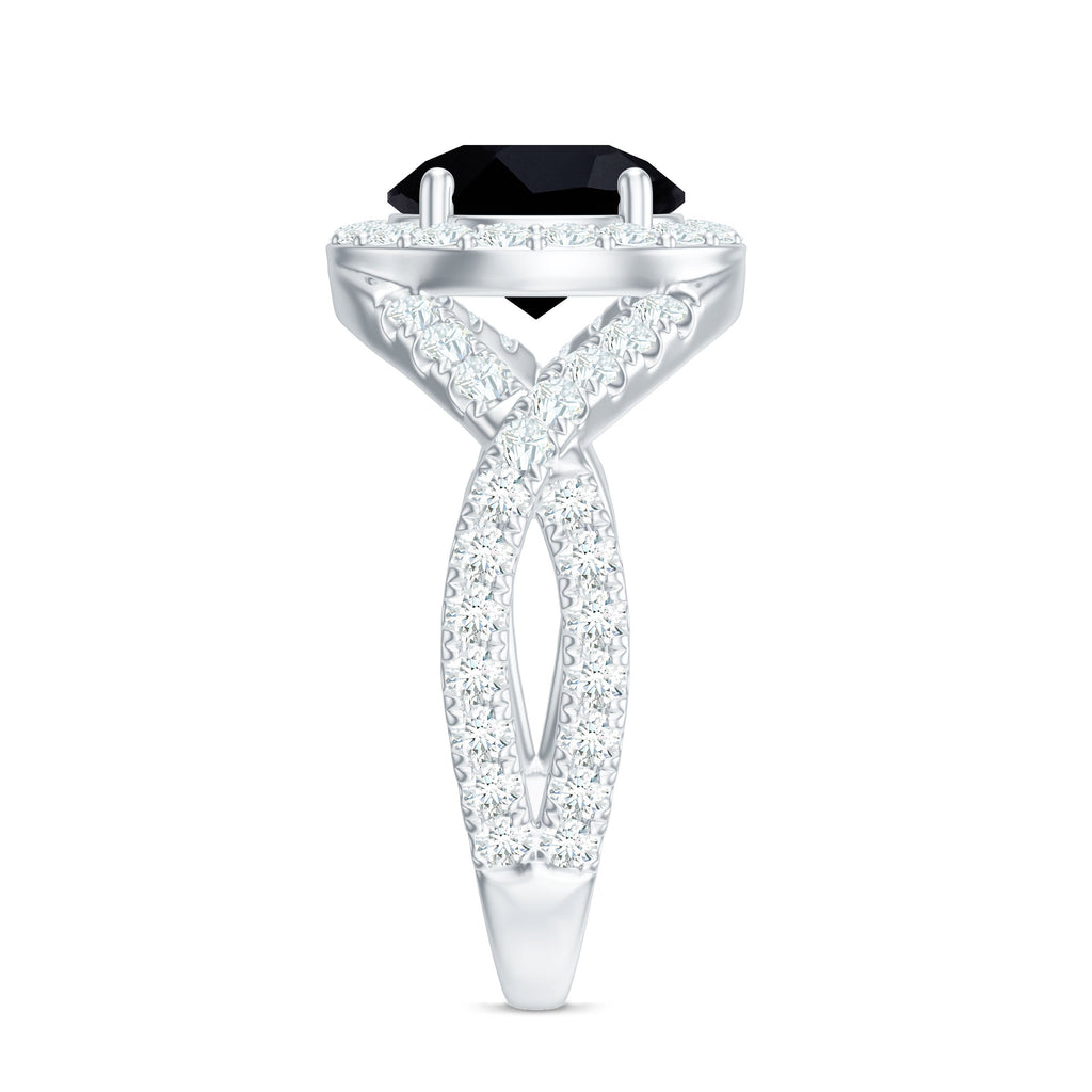 Certified 8 MM Black Onyx Crossover Engagement Ring with Moissanite Halo