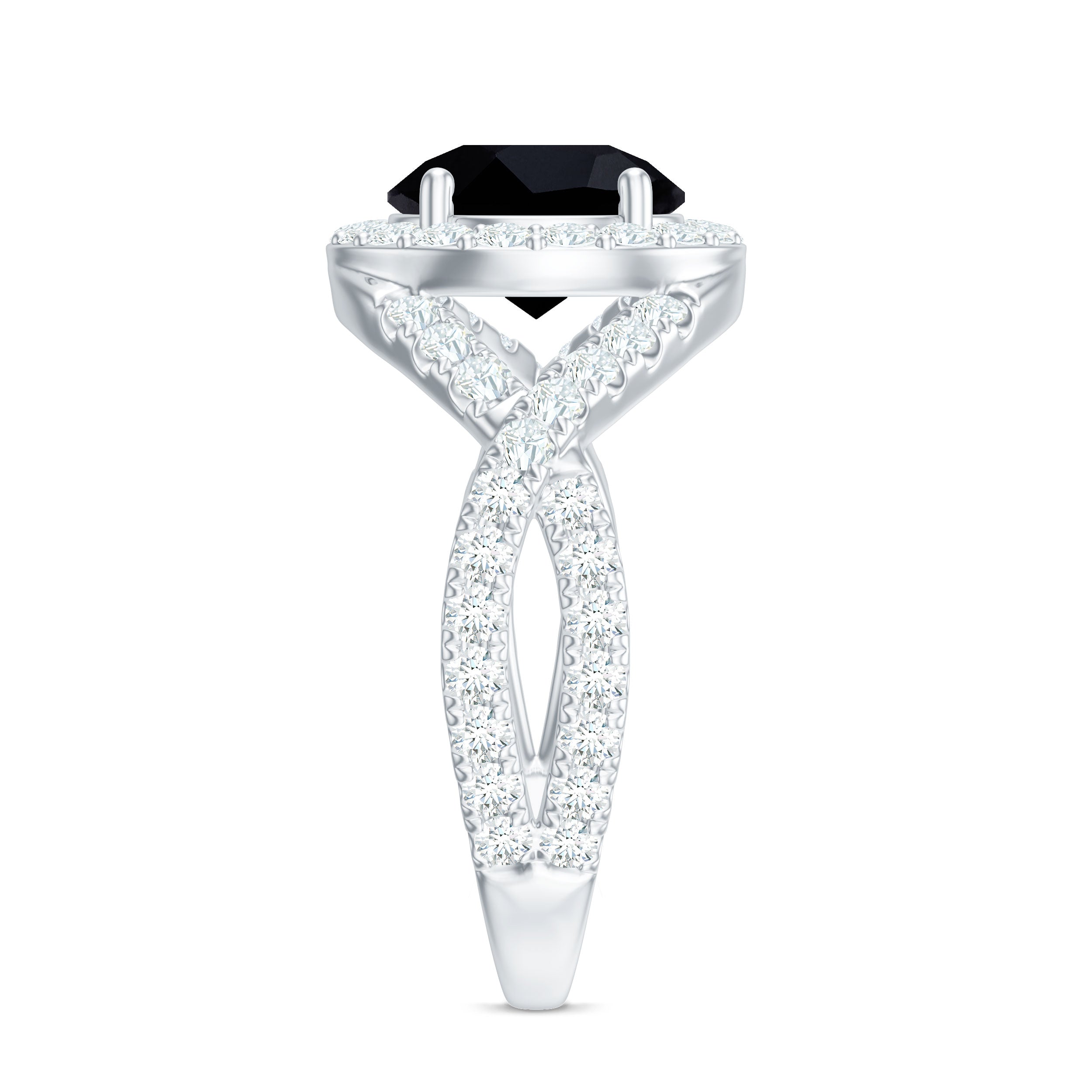 Certified 8 MM Black Onyx Crossover Engagement Ring with Moissanite Halo