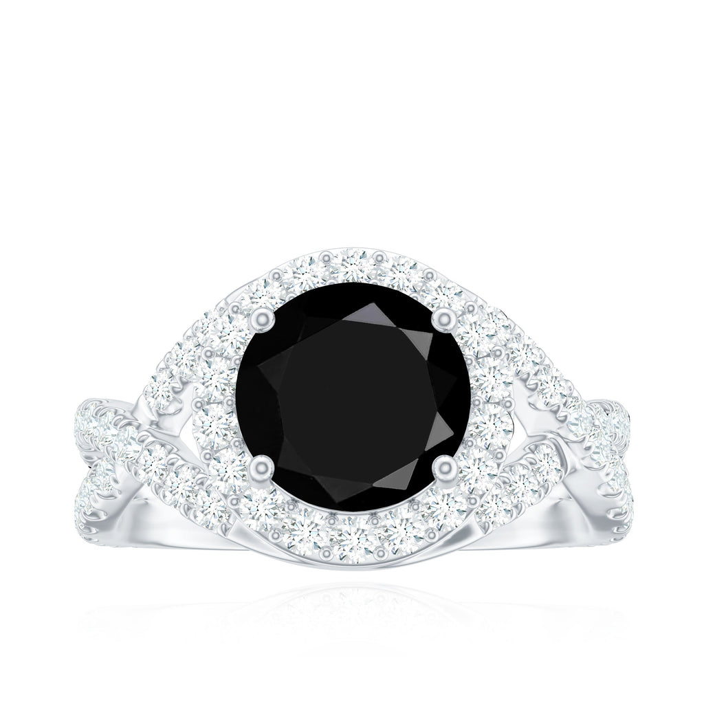 Certified 8 MM Black Onyx Crossover Engagement Ring with Moissanite Halo