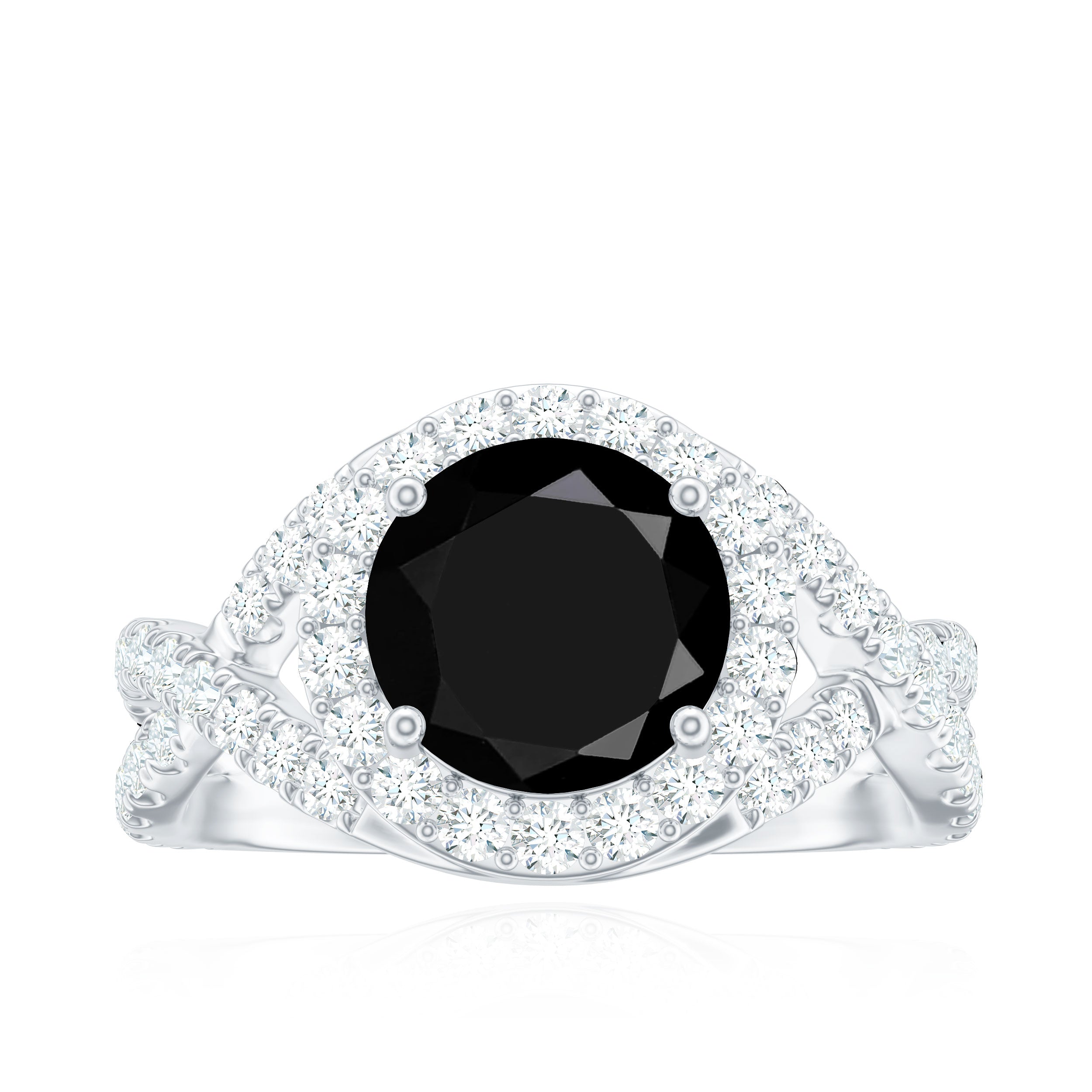Certified 8 MM Black Onyx Crossover Engagement Ring with Moissanite Halo