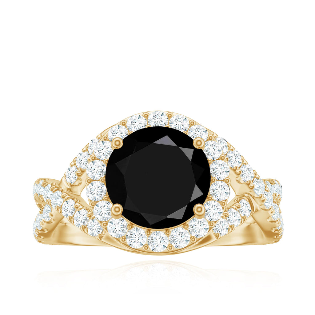 Certified 8 MM Black Onyx Crossover Engagement Ring with Moissanite Halo