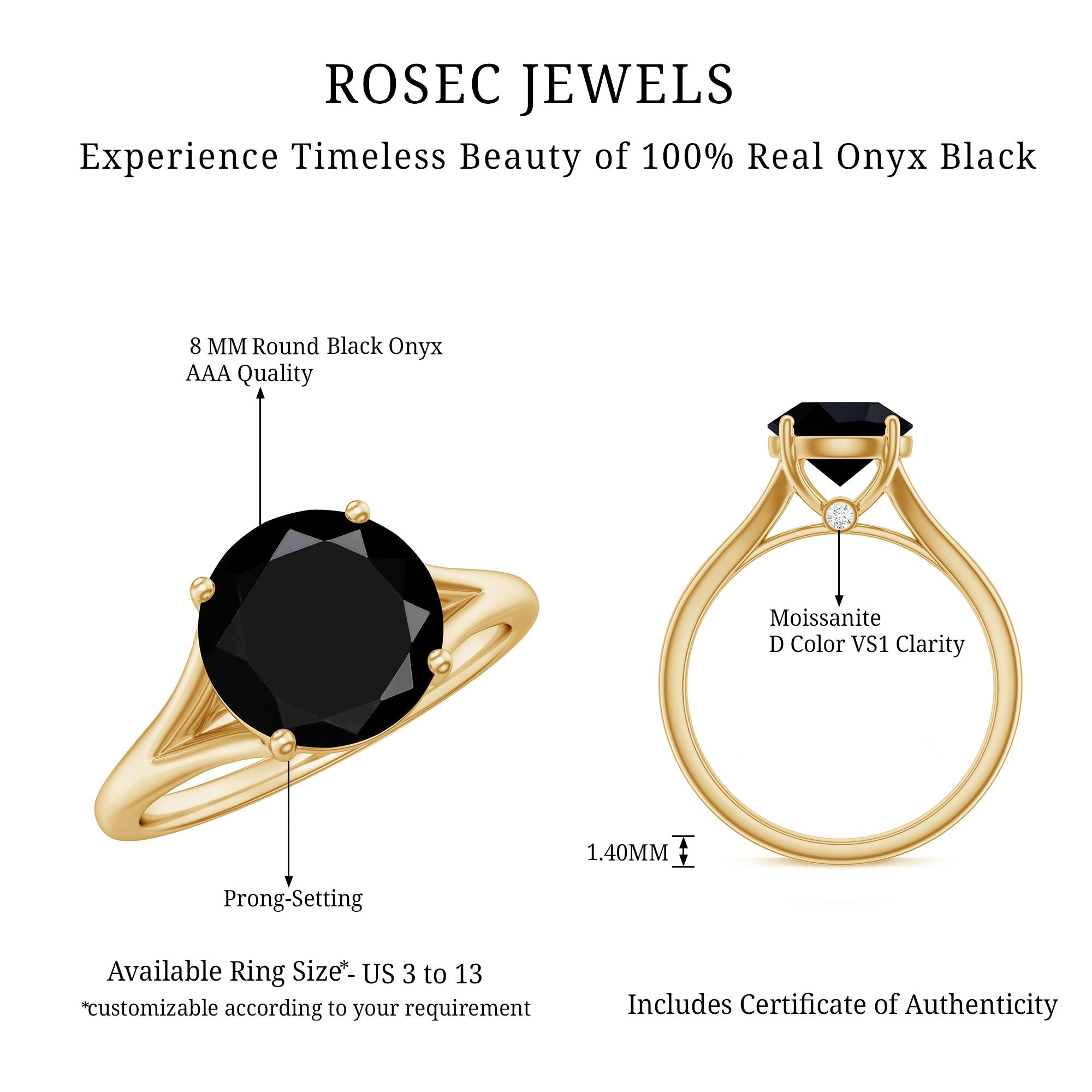 Real 8mm Black Onyx Solitaire Ring with Hidden Moissanite