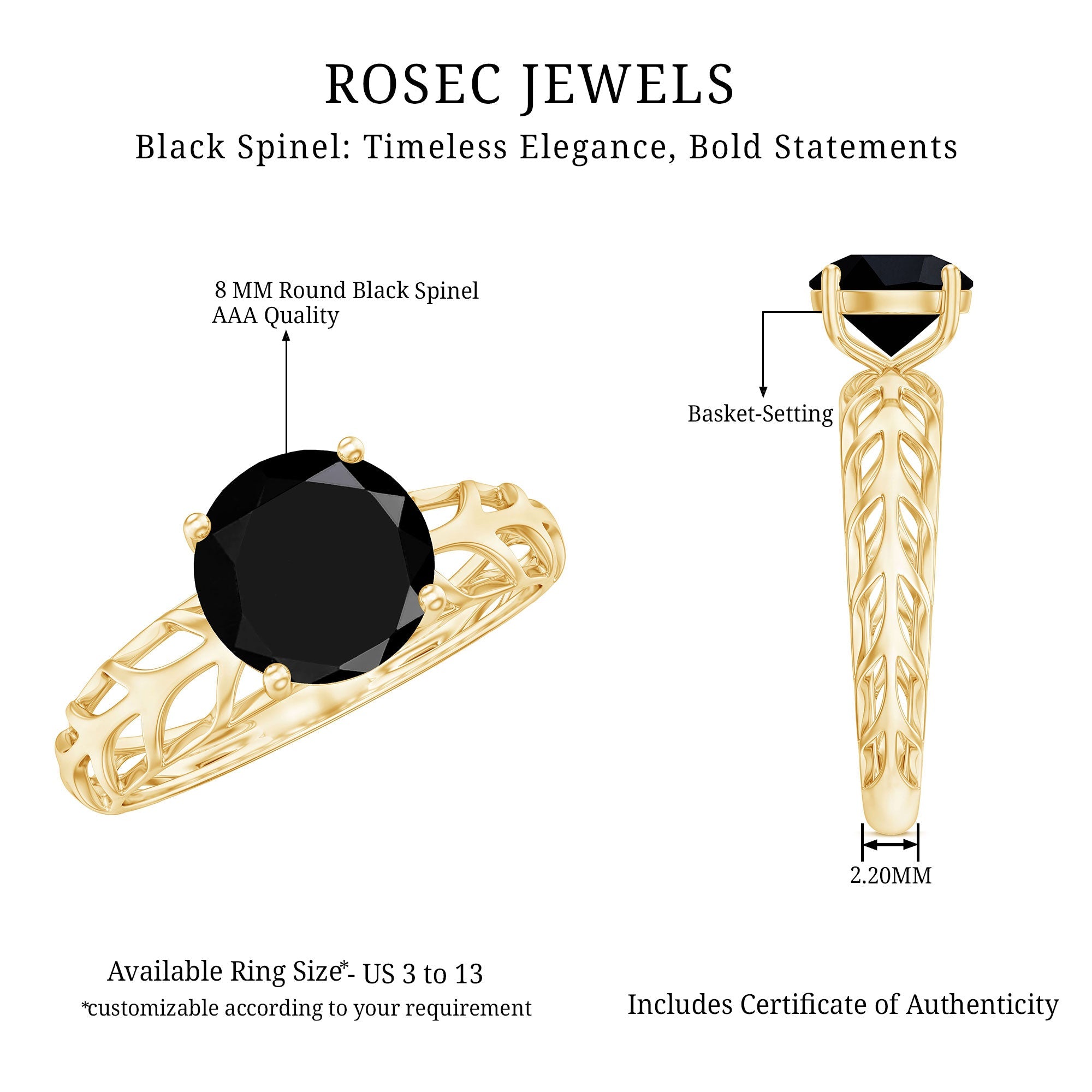 Natural 2.6 Carat Black Spinel Solitaire Engagement Ring for Women