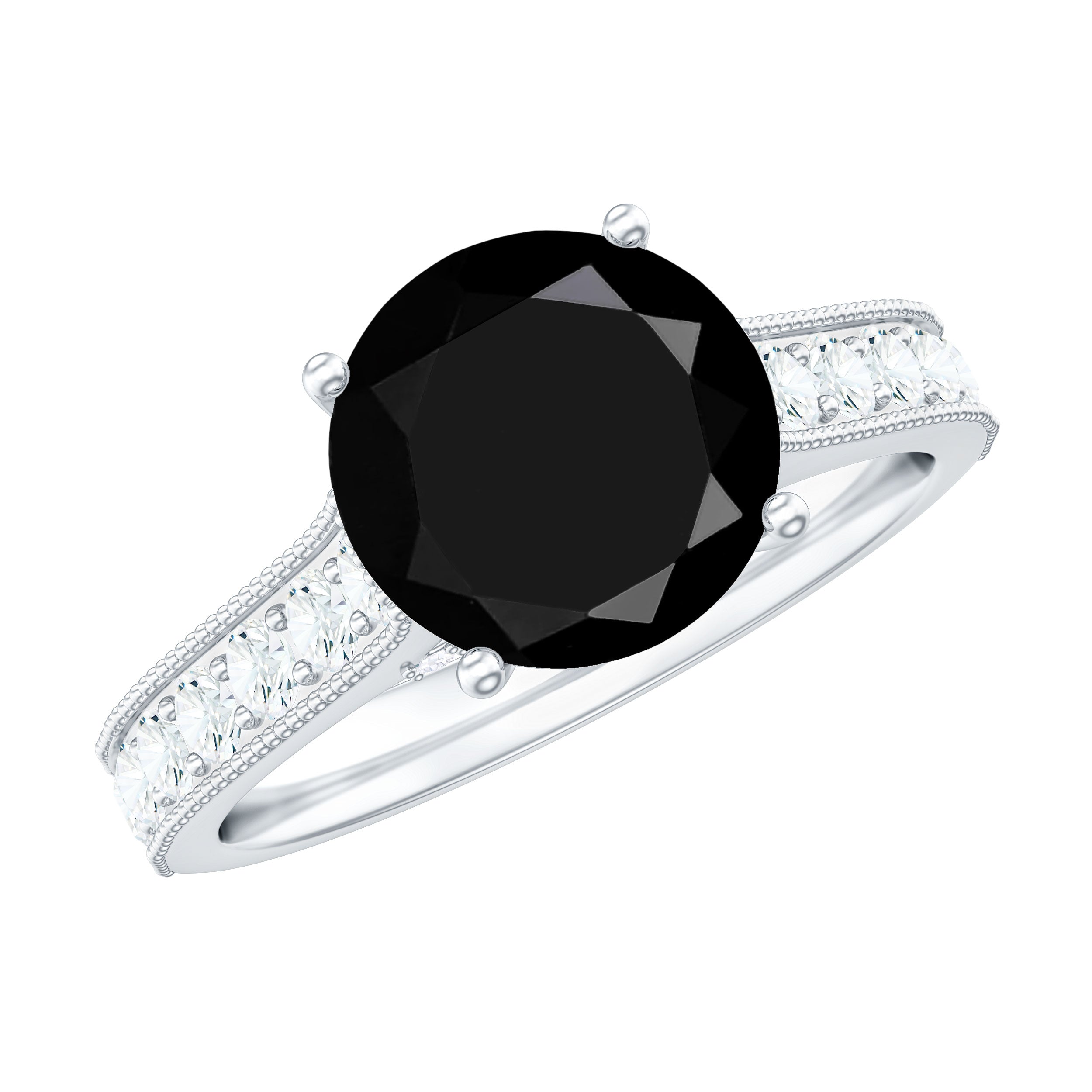 Natural Black Spinel Solitaire Engagement Ring with Diamond Side Stones