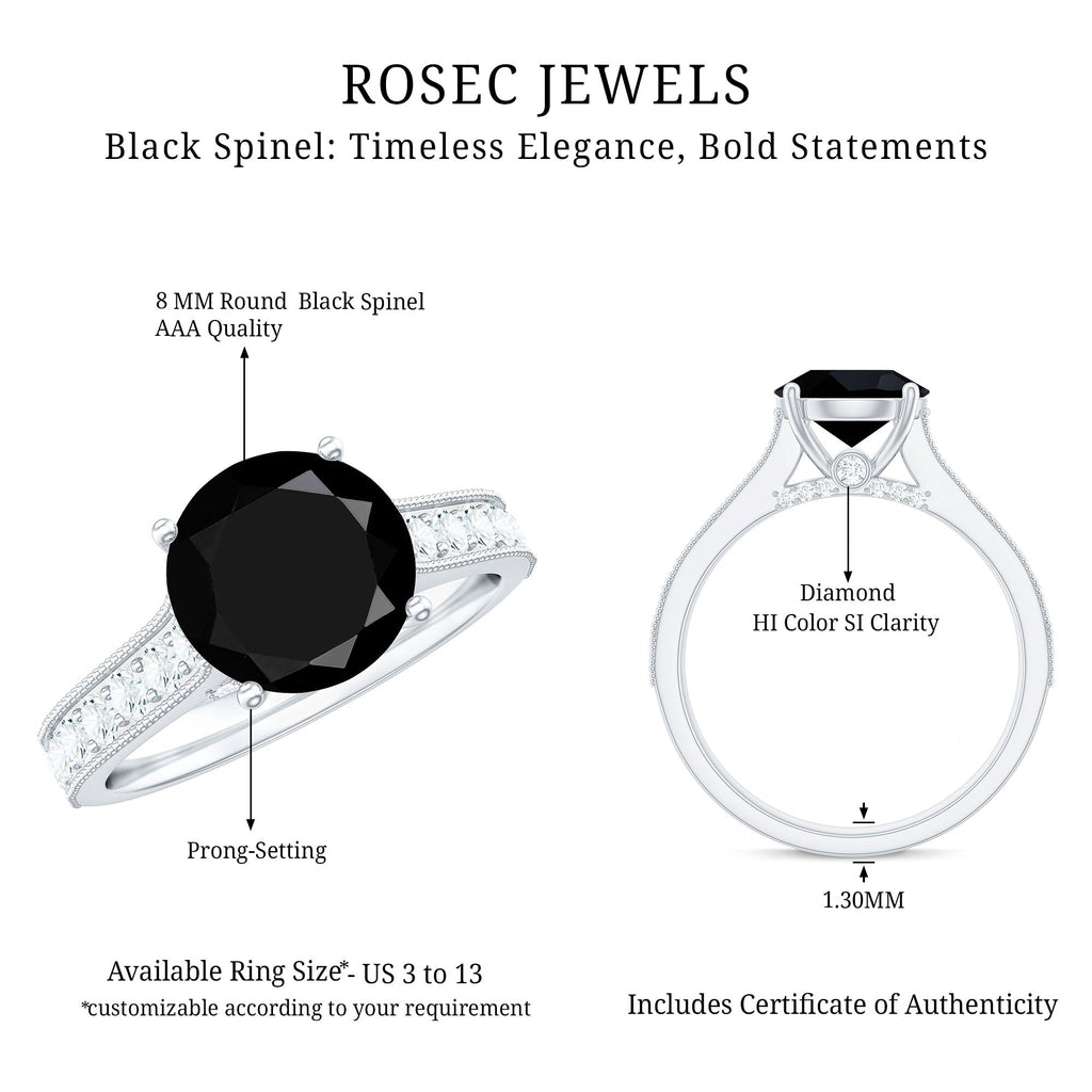 Natural Black Spinel Solitaire Engagement Ring with Diamond Side Stones