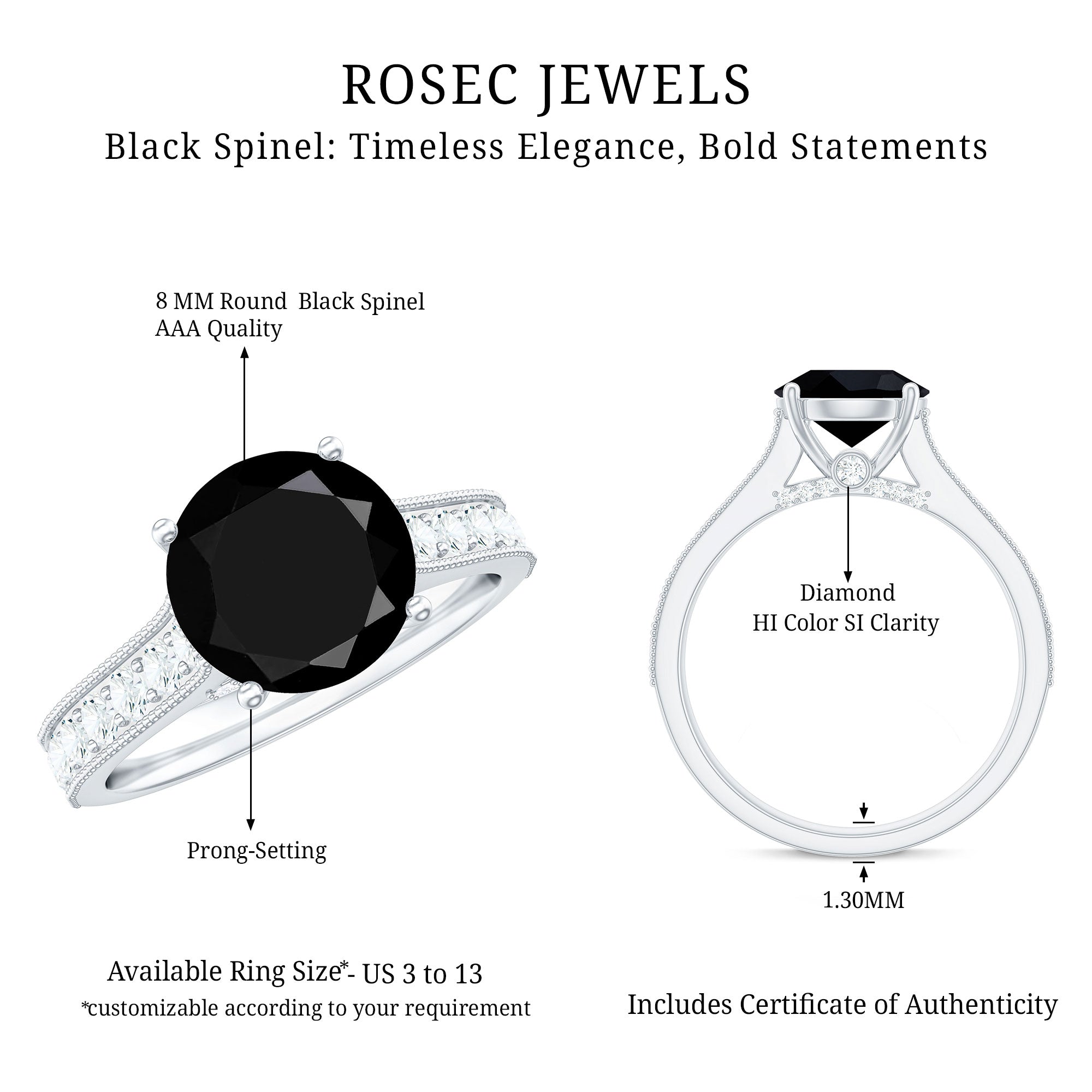 Natural Black Spinel Solitaire Engagement Ring with Diamond Side Stones