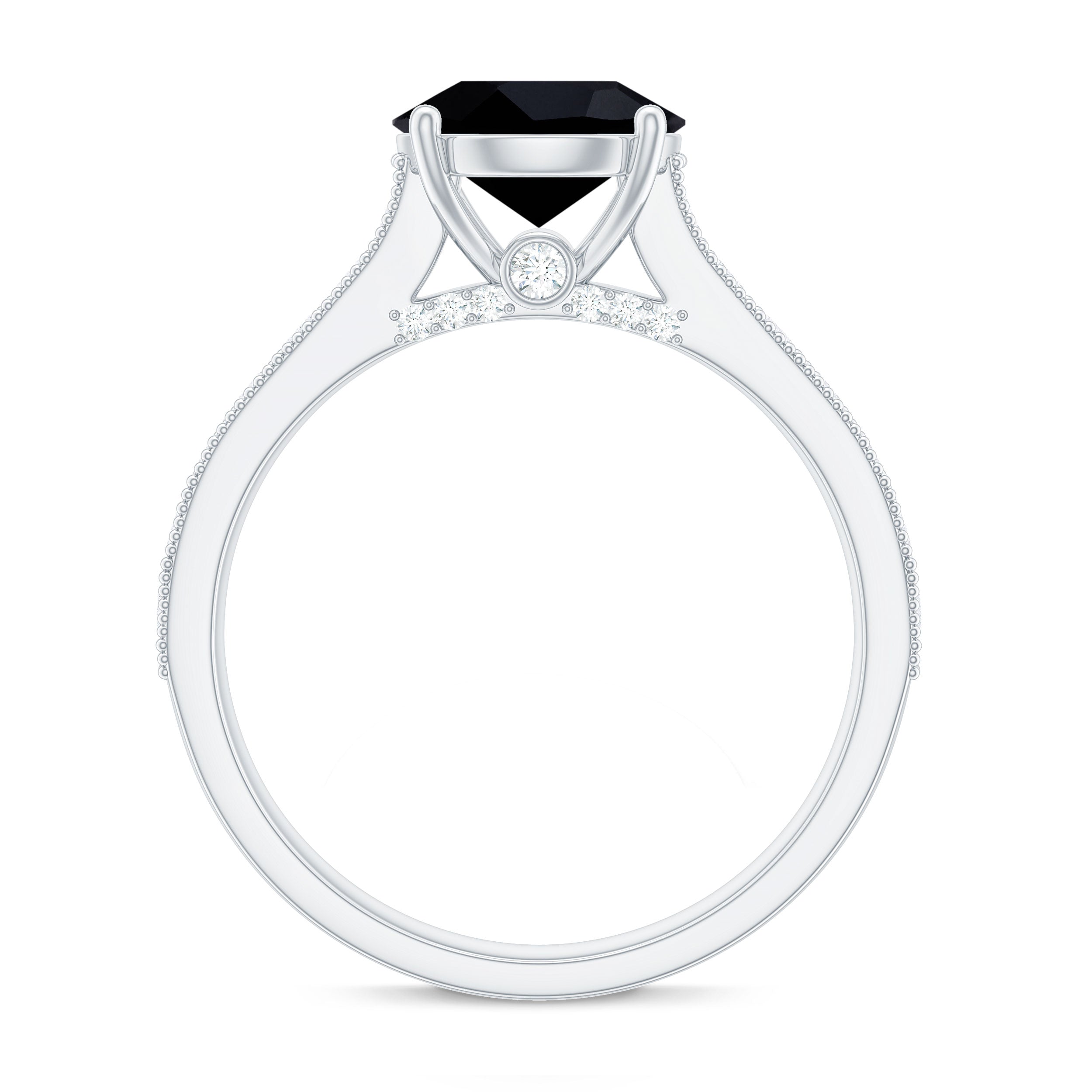 Natural Black Spinel Solitaire Engagement Ring with Diamond Side Stones