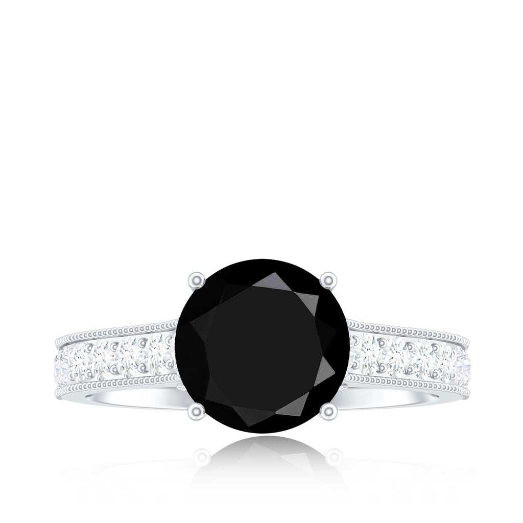 Natural Black Spinel Solitaire Engagement Ring with Diamond Side Stones