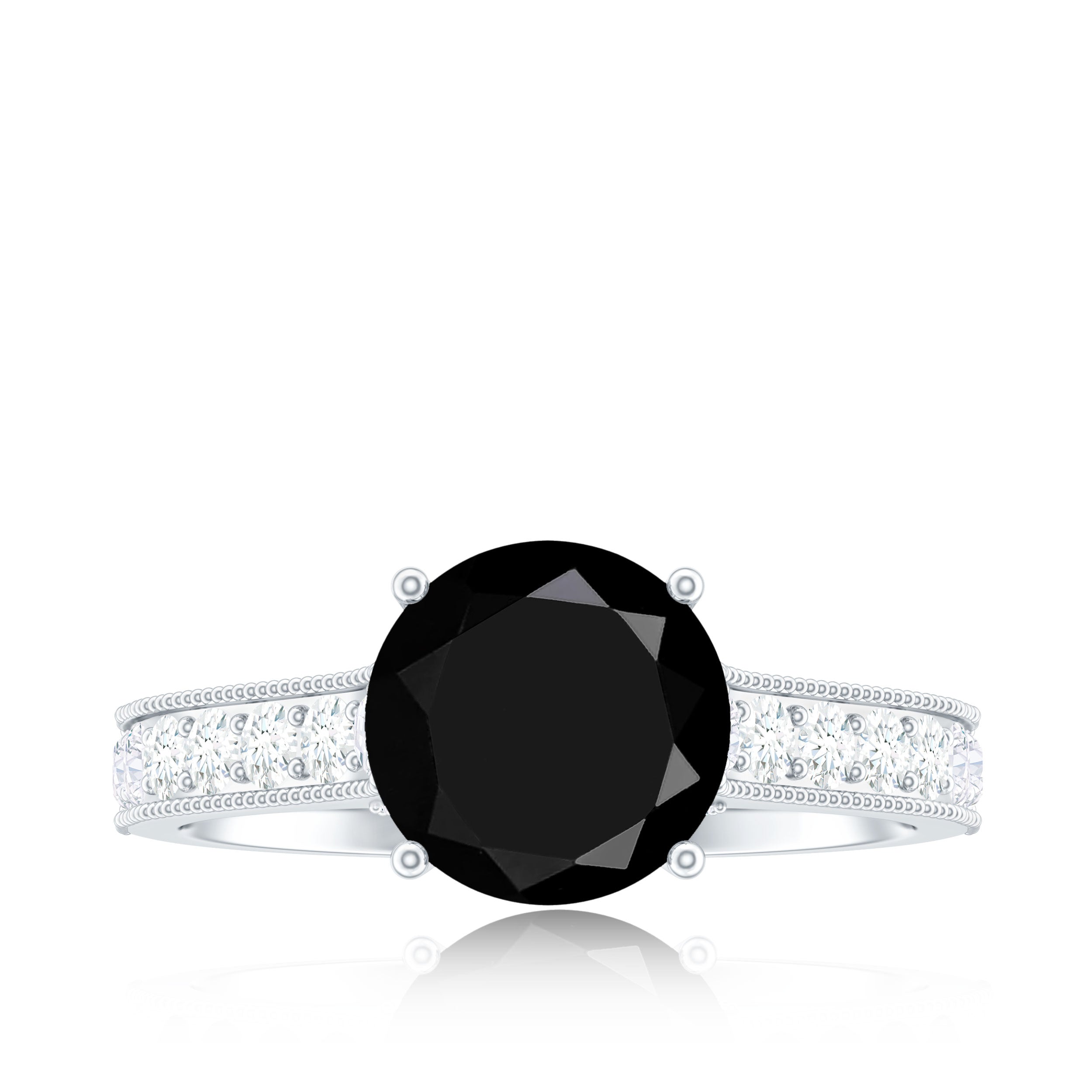 Natural Black Spinel Solitaire Engagement Ring with Diamond Side Stones