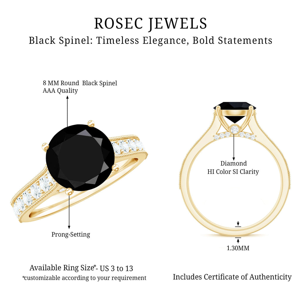 Natural Black Spinel Solitaire Engagement Ring with Diamond Side Stones