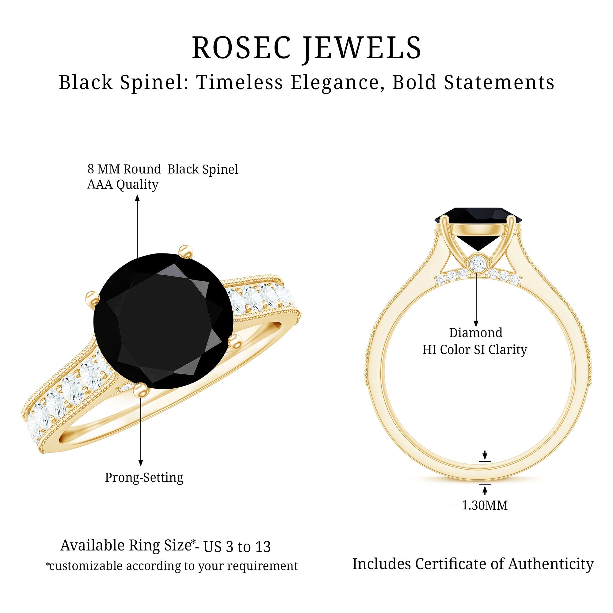 Natural Black Spinel Solitaire Engagement Ring with Diamond Side Stones