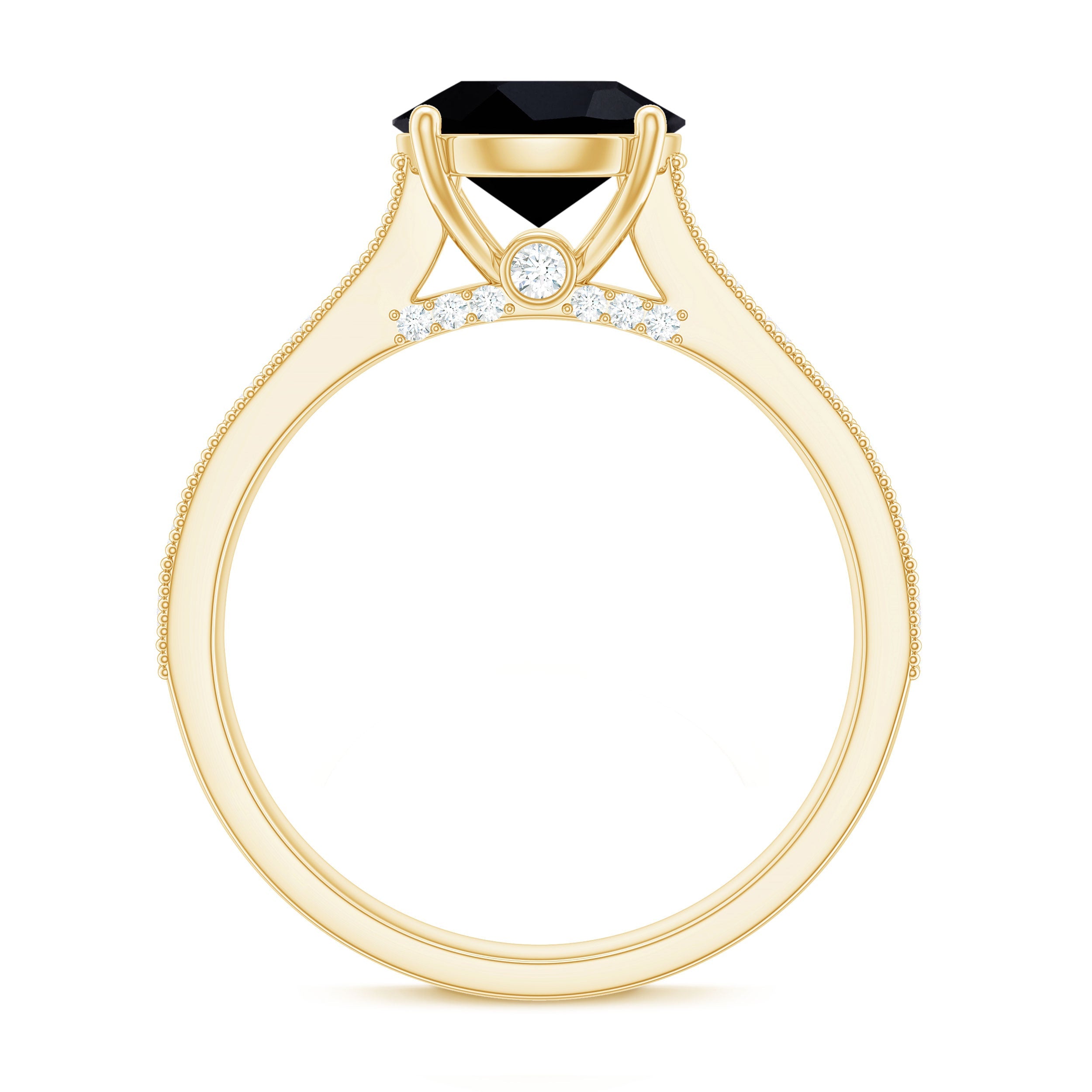 Natural Black Spinel Solitaire Engagement Ring with Diamond Side Stones