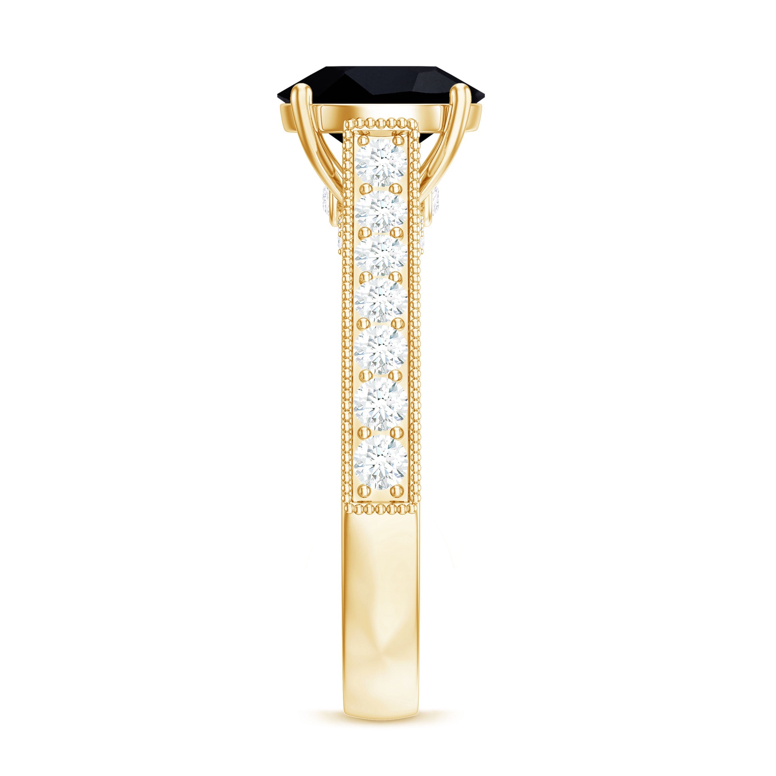 Natural Black Spinel Solitaire Engagement Ring with Diamond Side Stones