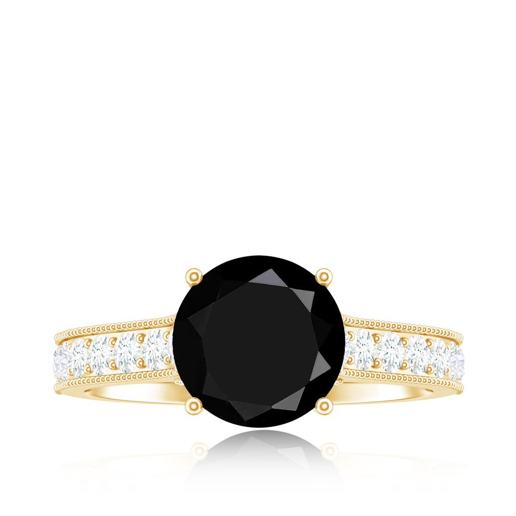 Natural Black Spinel Solitaire Engagement Ring with Diamond Side Stones